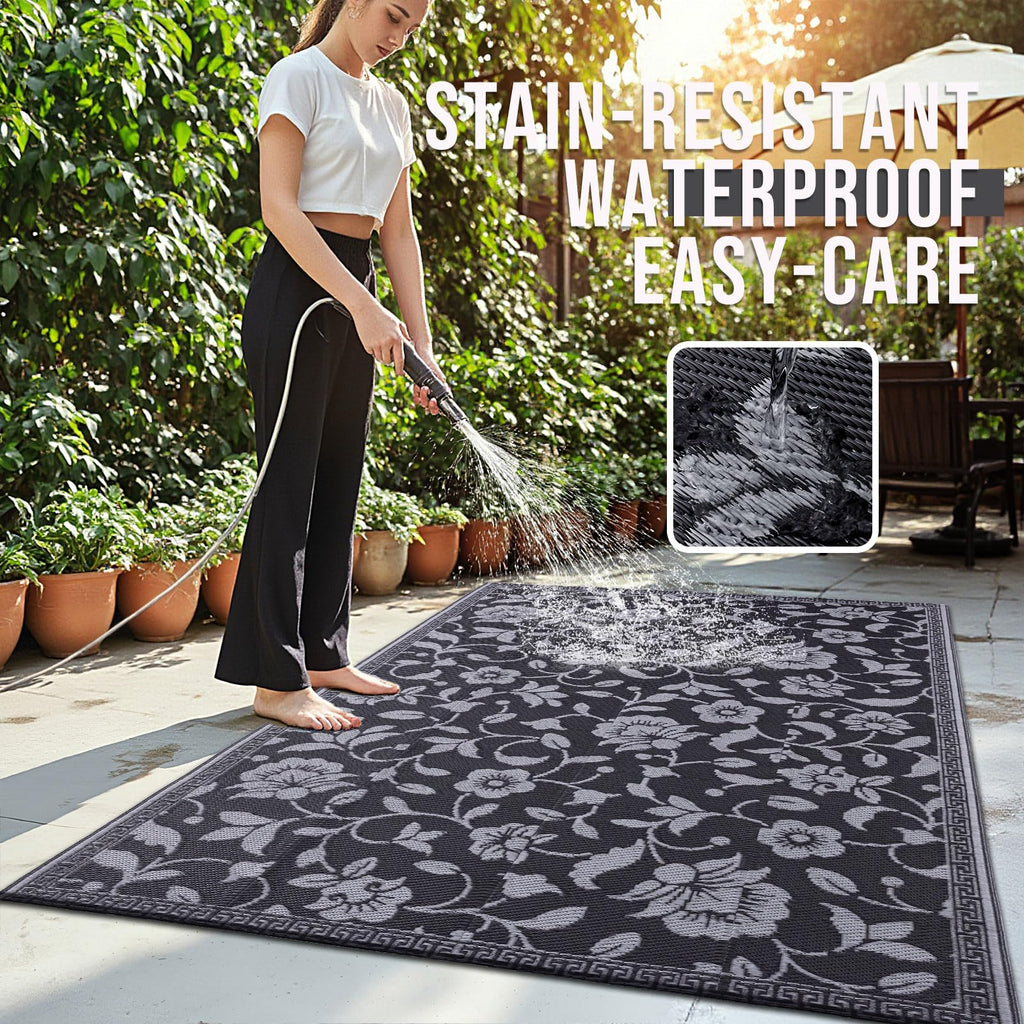 OLANLY Waterproof Outdoor Rug 5x8 ft, Outdoor Plastic Straw Rug with Flower Pattern, Reversible RV Mat for Patio, Camping, Balcony, Deck, Backyard, Navy & White