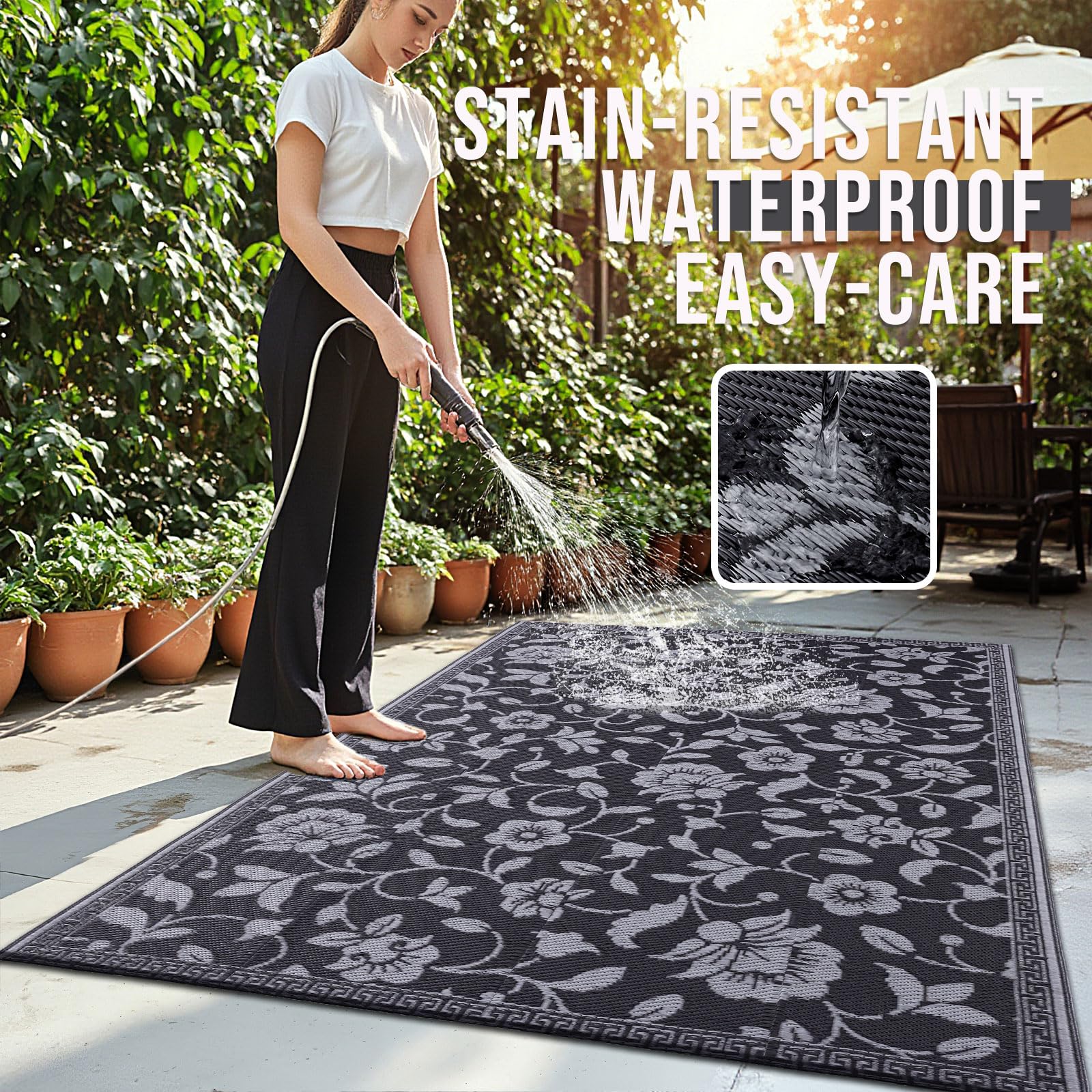 OLANLY Waterproof Outdoor Rug 5x8 ft, Outdoor Plastic Straw Rug with Flower Pattern, Reversible RV Mat for Patio, Camping, Balcony, Deck, Backyard, Navy & White