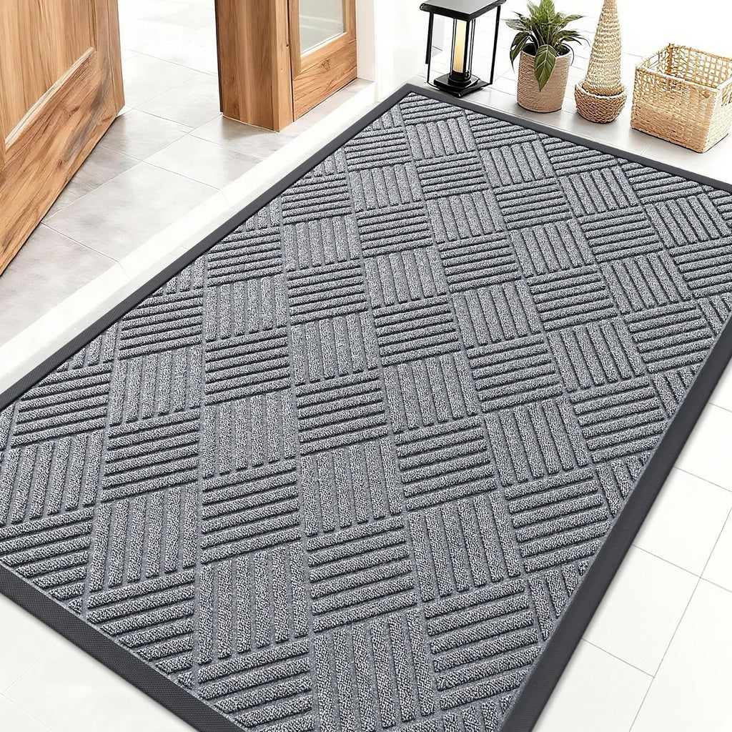 OLANLY Front Door Mat Outside Entrance 29.5x17, Absorbent, Heavy Duty Sturdy Natural Rubber Doormat Indoor Outdoor, Stain and Fade Resistant, Non-Slip Low Profile Floor Mat for Entryway, Grey Diamond