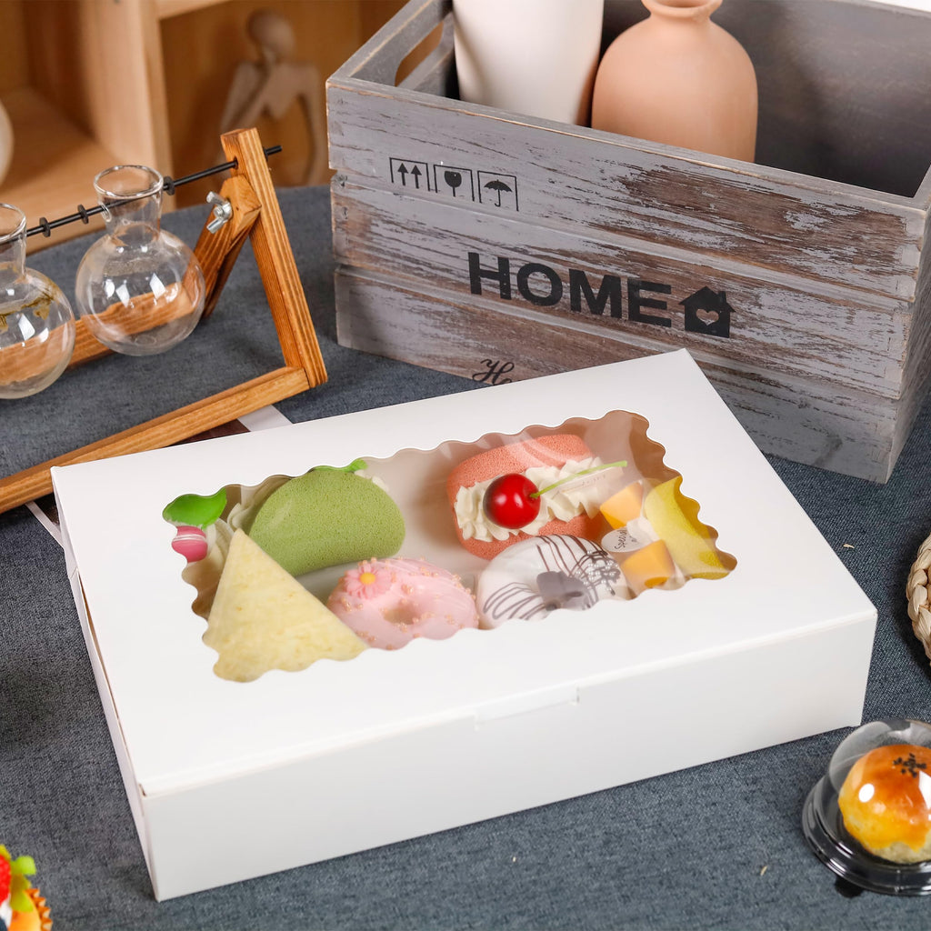 5 Pack Cookie Boxes 12x8x2.5inch Bakery Boxes with Window Treat Boxes for Cookie Packaging Gift Giving Dessert Boxes for Chocolate Covered Strawberries, Donuts, Cocoa Bombs (White)