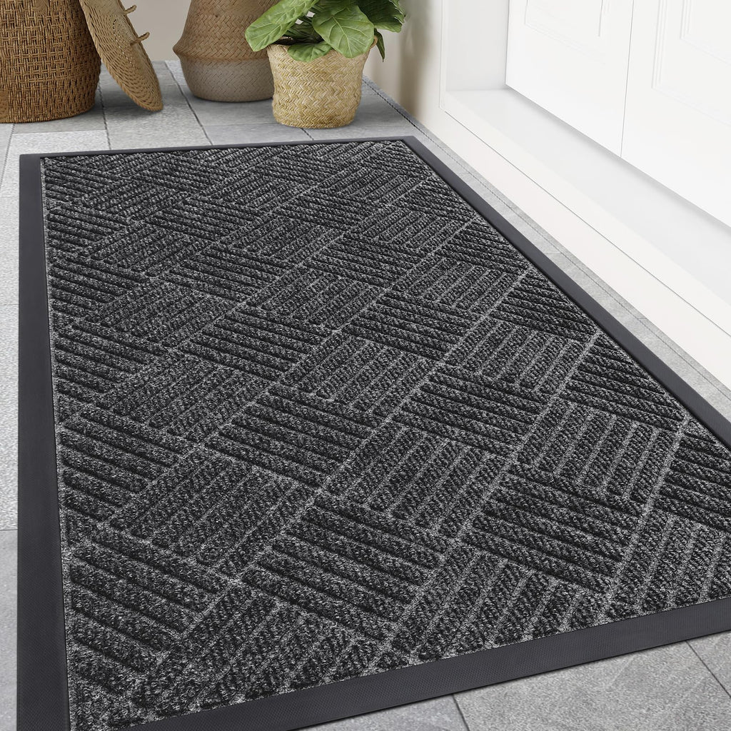 Smiry Front Door Mat Outside Entrance, Heavy Duty Outdoor Indoor Natural Rubber Doormat, Non Slip, Trap Dirt and Moisture, Easy Clean, Low Profile Patio Porch Entryway Mat, 29.5x17, Grey