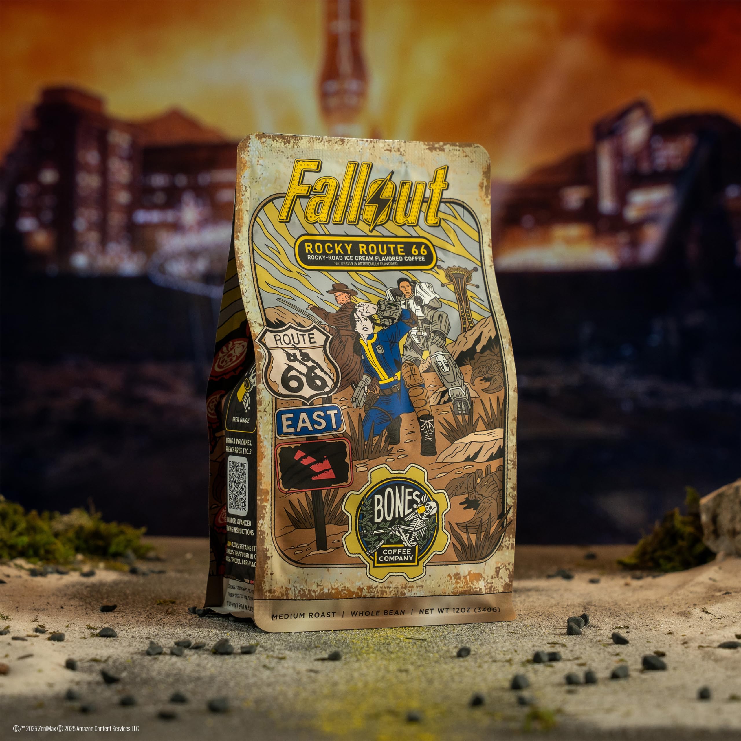 Bones Coffee Company Fallout Rocky Route 66, Rocky Road Flavored Coffee, Medium Roast Low Acid Arabica Beans Compatible with Auto drip and French Press Coffee Maker, 12 Oz Ground