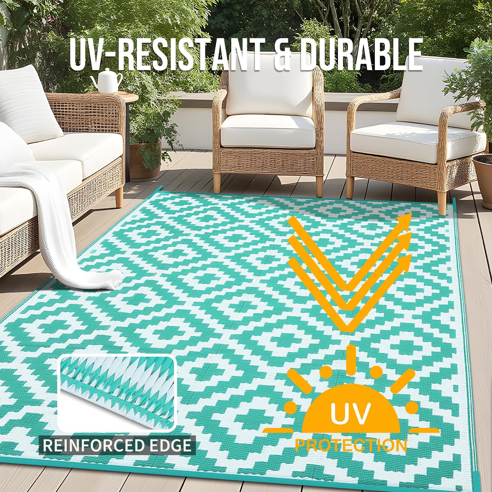 OLANLY Waterproof Outdoor Rug 5x8 ft, Outdoor Plastic Straw Rug for Camping, RV Mat Outside, Indoor Outdoor Carpet for Porch, Deck, Backyard, Balcony, Picnic, Black & White
