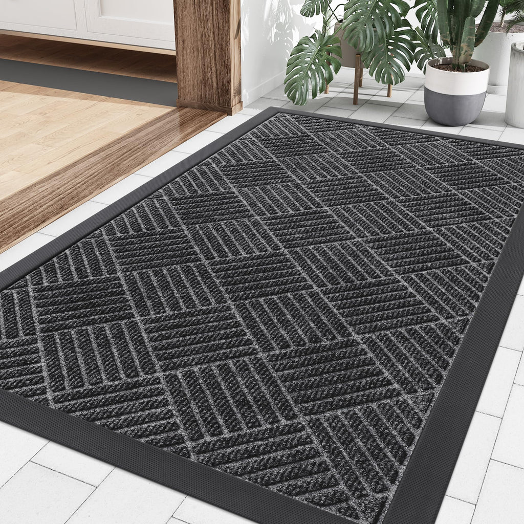 Smiry Front Door Mat Outside Entrance, Heavy Duty Outdoor Indoor Natural Rubber Doormat, Non Slip, Trap Dirt and Moisture, Easy Clean, Low Profile Patio Porch Entryway Mat, 29.5x17, Grey