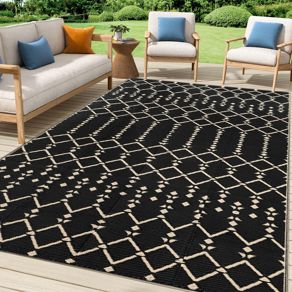 Smiry Waterproof Outdoor Rug 5x8 ft, Reversible Plastic Straw Patio Camping Rugs, Outdoor Indoor RV Mat Carpet for Patio, Outside Entry, Backyard, Deck, Bench, Picnic, Camper, Black & Beige