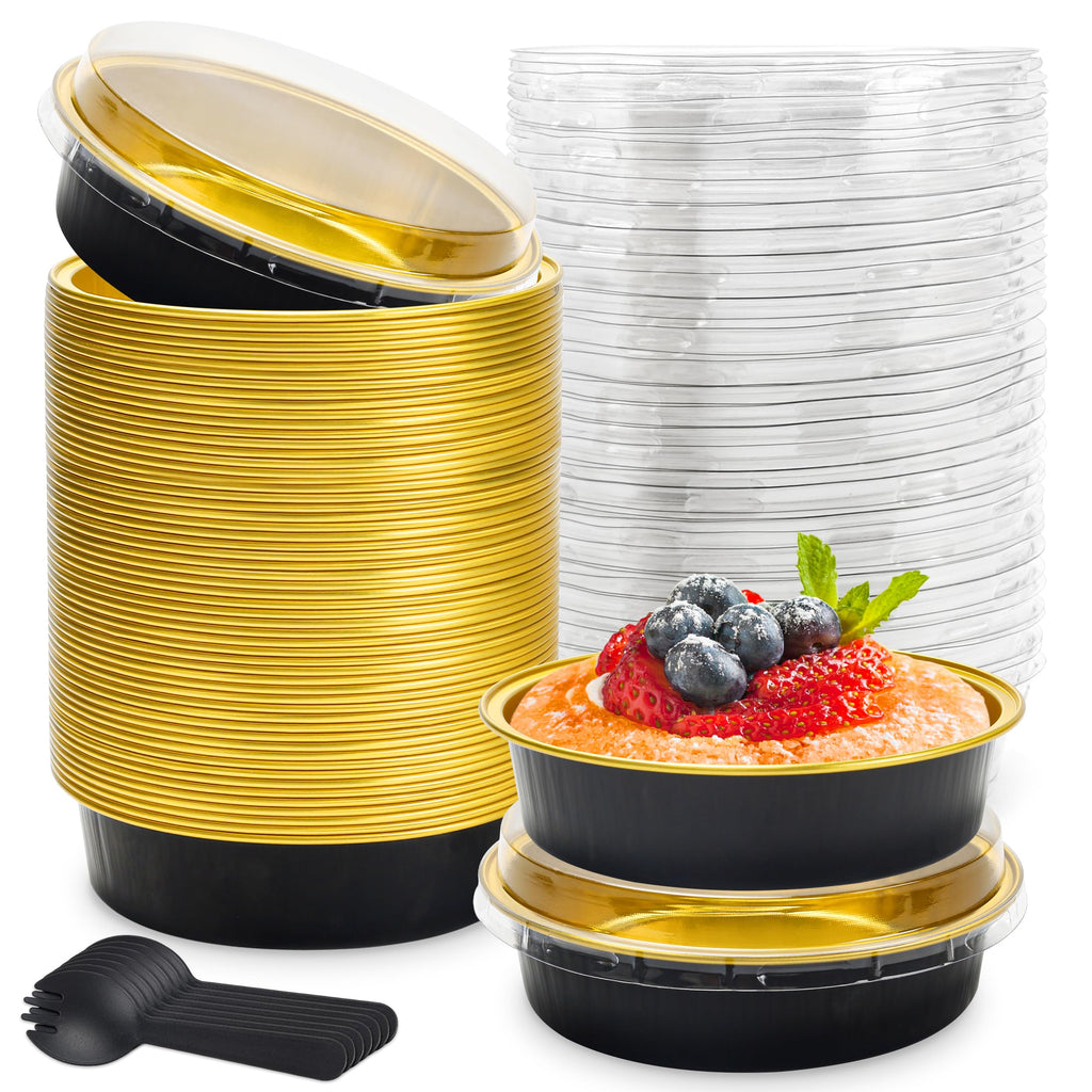 8 OZ Mini Cake Pans Disposable Ramekins with Lids Round Aluminum Mini Foil Cake Tins Baking Pans for Party Wedding Pudding (Black Gold, 25 Pack)