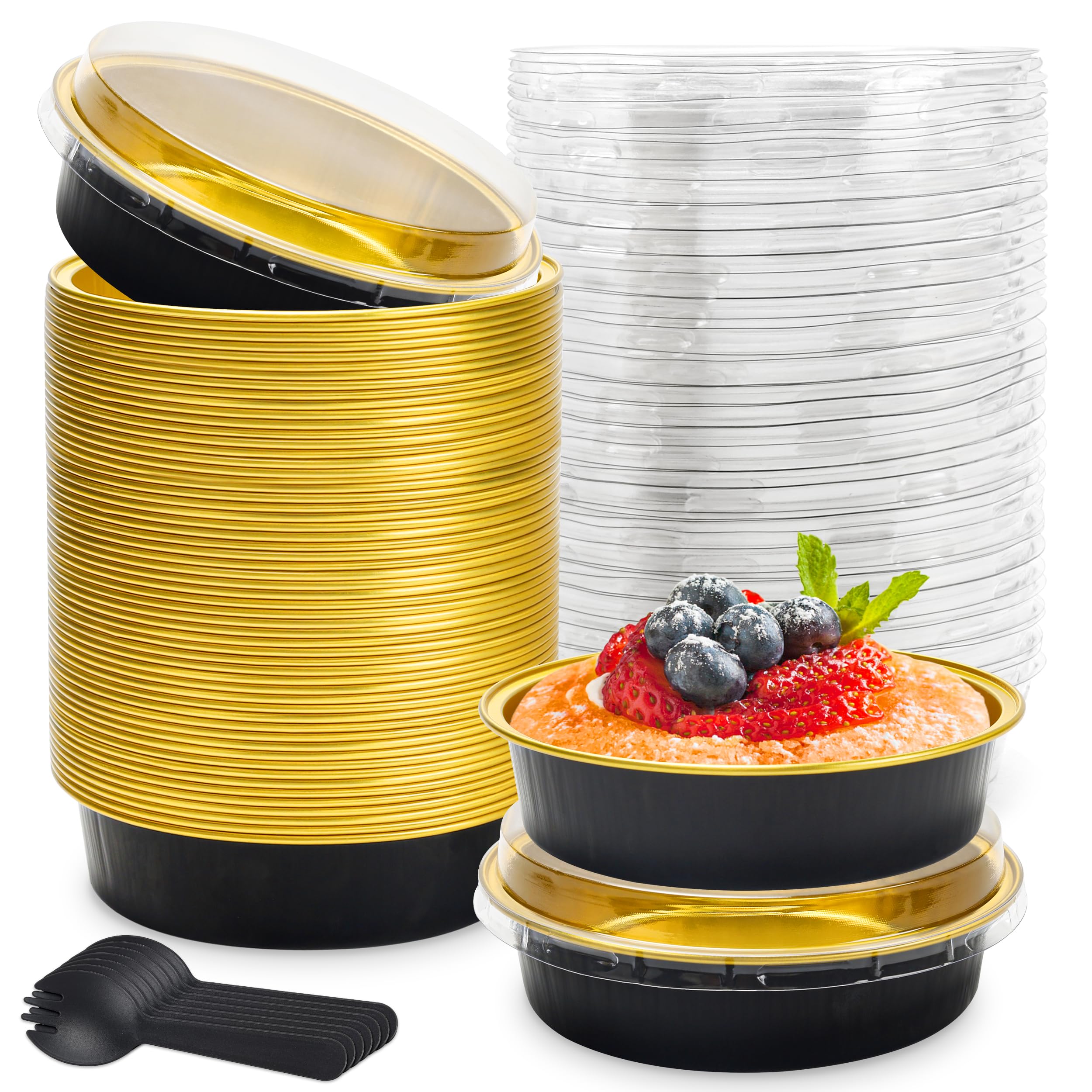 8 OZ Mini Cake Pans Disposable Ramekins with Lids Round Aluminum Mini Foil Cake Tins Baking Pans for Party Wedding Pudding (Black Gold, 25 Pack)