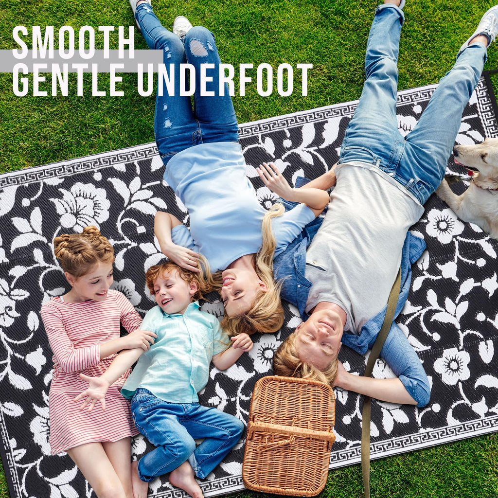 OLANLY Waterproof Outdoor Rug 5x8 ft, Outdoor Plastic Straw Rug with Flower Pattern, Reversible RV Mat for Patio, Camping, Balcony, Deck, Backyard, Navy & White