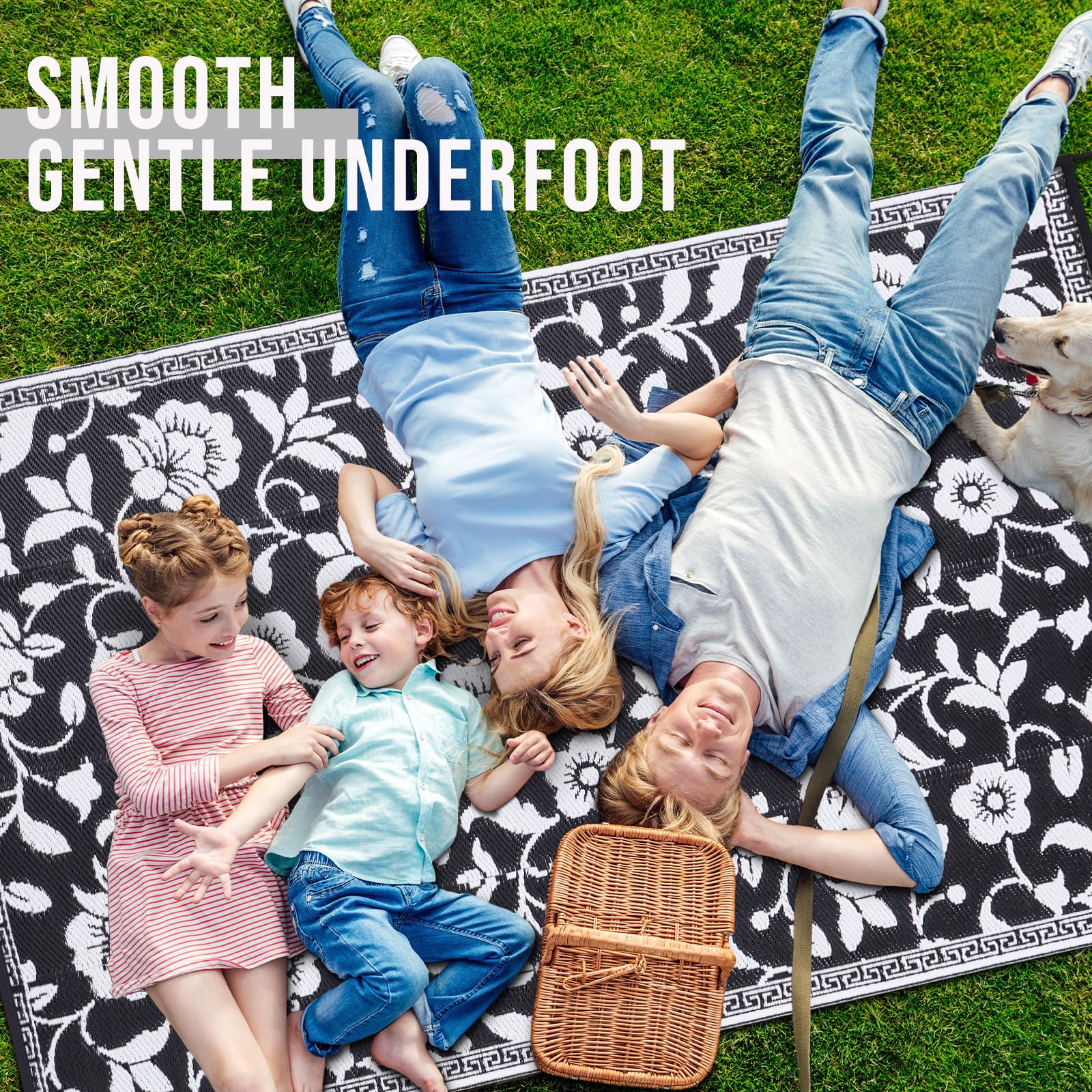 OLANLY Waterproof Outdoor Rug 5x8 ft, Outdoor Plastic Straw Rug with Flower Pattern, Reversible RV Mat for Patio, Camping, Balcony, Deck, Backyard, Navy & White