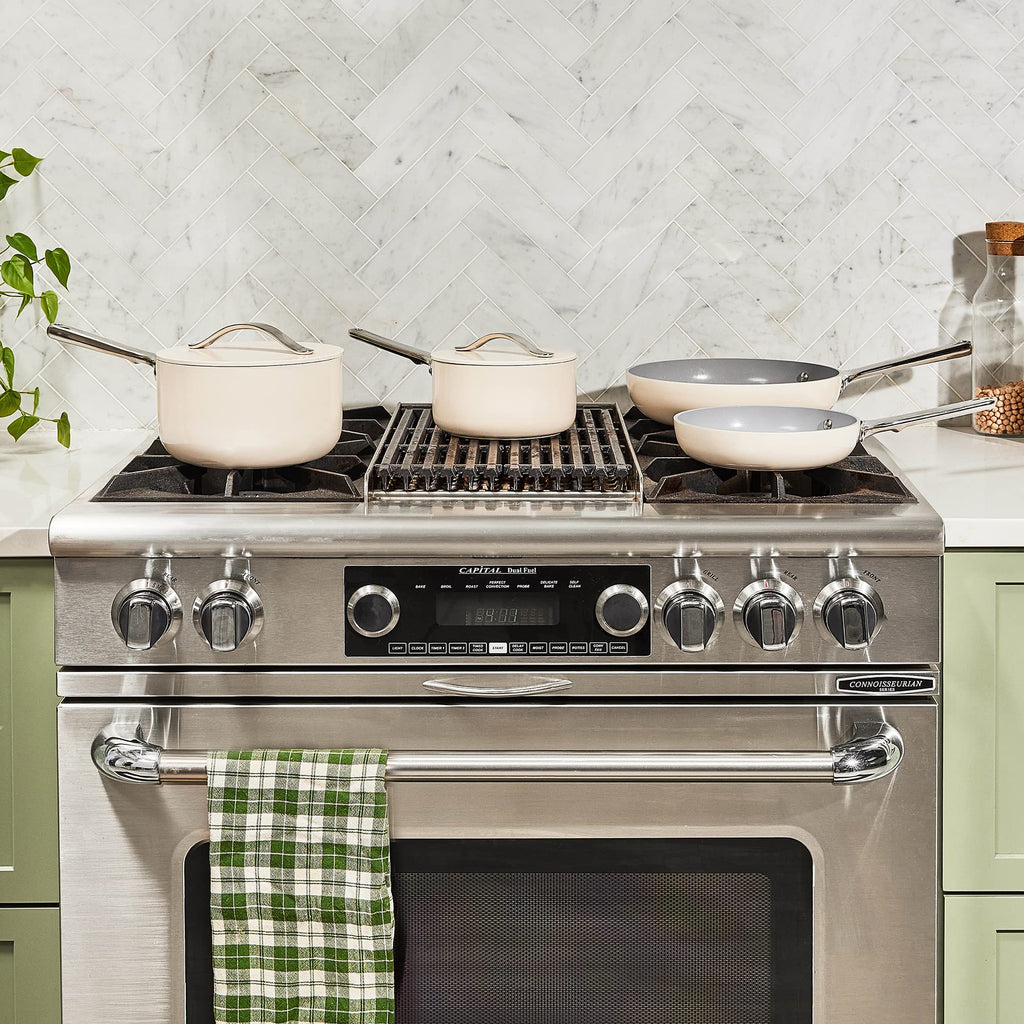 Caraway Mini Cookware Set - Non-Stick Ceramic Fry Pan (1.05 qt, 8") Sauce Pan (1.75 qt) & Storage Rack - Non Toxic, PTFE & PFOA Free - Oven Safe & Stovetop Agnostic (Gas, Electric & Induction) - Cream
