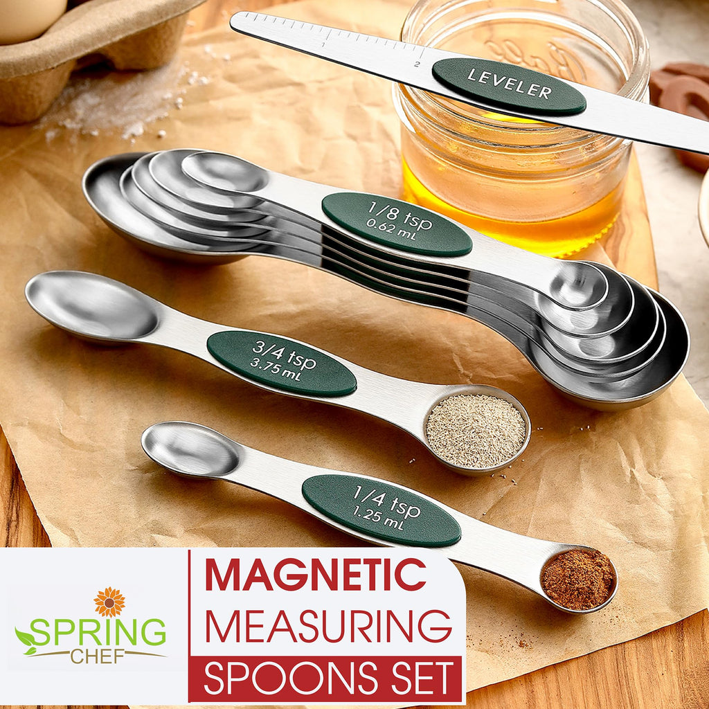 Spring Chef Stainless Steel Magnetic Measuring Spoons Set with Strong N45 Magnets, Heavy Duty Metal Kitchen Gadgets for Baking & Cooking, Fits in Most Kitchen Spice Jars, Set of 8 with Leveler, Black