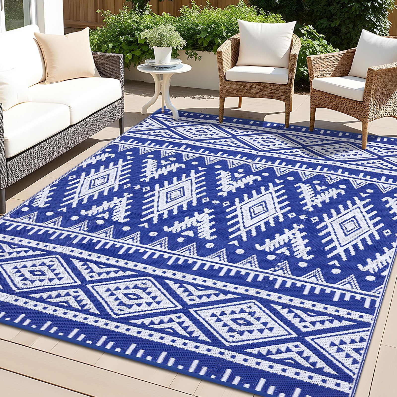 OLANLY Outdoor Rug Waterproof 5x8 ft, Reversible Outdoor Plastic Straw Rug, Boho Patio Rug, Indoor Outdoor Carpet, RV Mat Outside for Patio, Camp, Picnic, Balcony, Deck, Backyard, Black & White