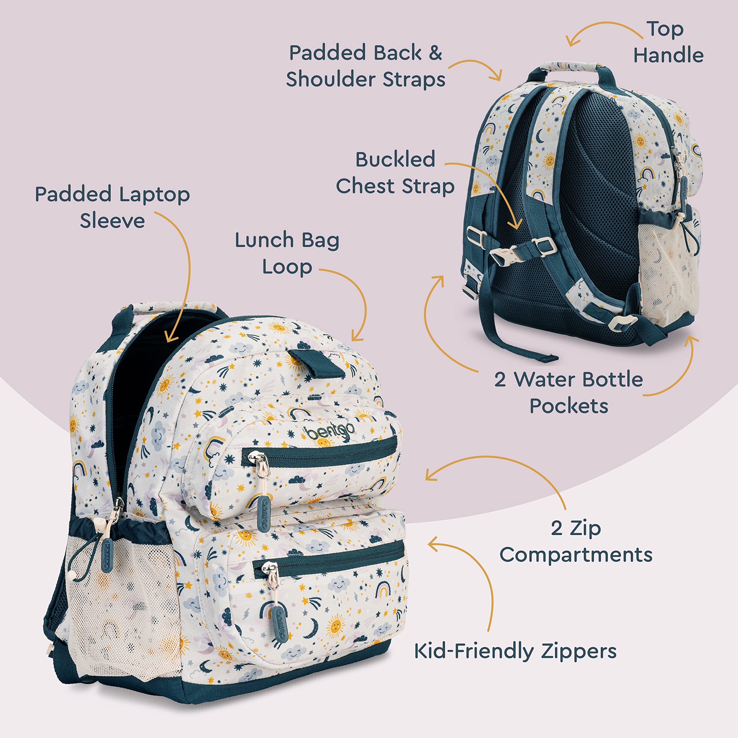 Bentgo Kids Backpack - Lightweight 14” Backpack in Fun Prints for School, Travel, & Daycare, Ideal for Ages 4+, Roomy Interior, Durable & Water-Resistant Fabric, & Loop for Lunch Bag (Trucks)
