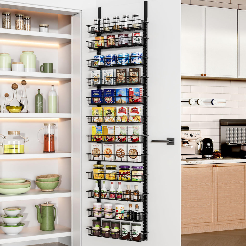 Churboro Over the Door Pantry Organizer Rack with 9 Adjustable Baskets, 9 Tiers Dual-use Hanging or Wall Mount Spice Rack Organizer, Black