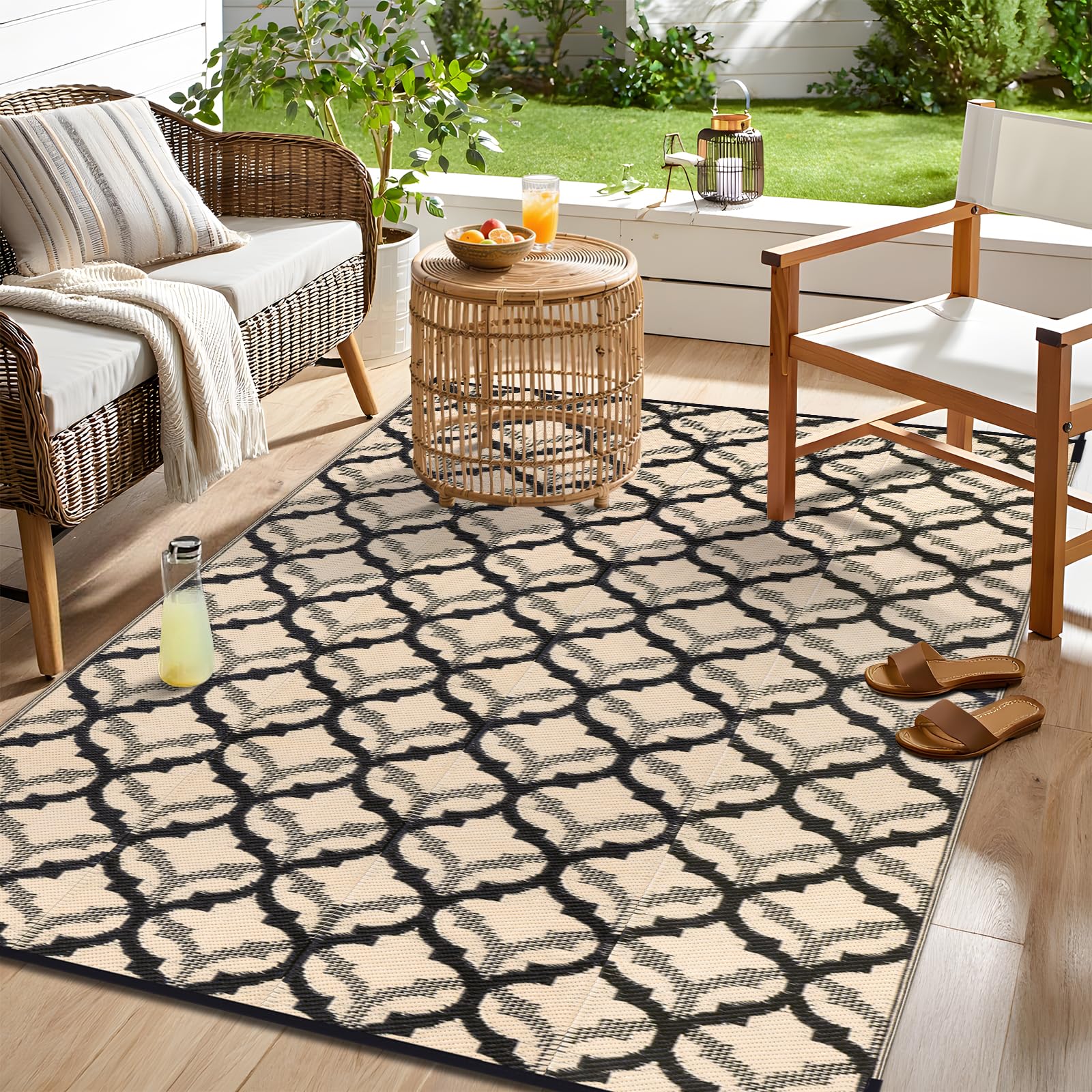 OLANLY Waterproof Outdoor Rug 5x8 ft, Outdoor Plastic Straw Rug for Camping, RV Mat Outside, Indoor Outdoor Carpet for Porch, Deck, Backyard, Balcony, Picnic, Black & White