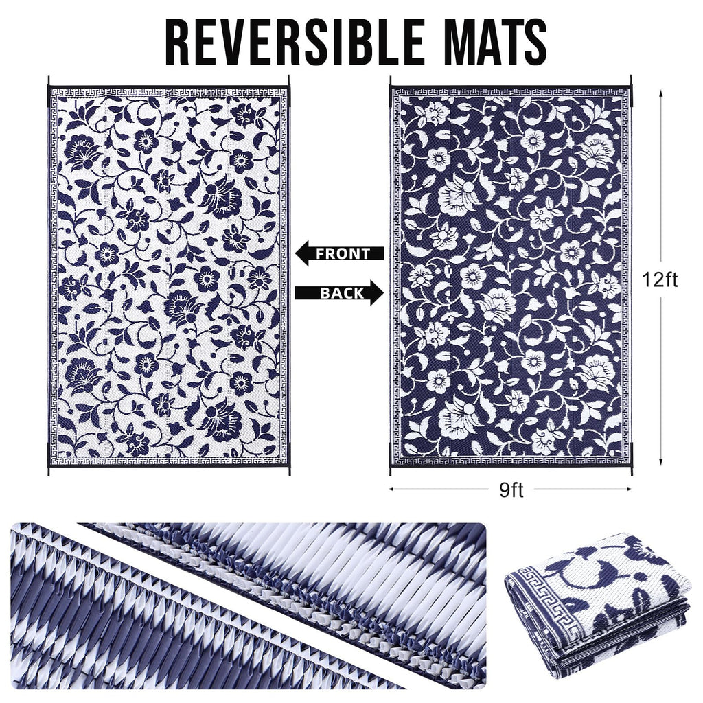 OLANLY Waterproof Outdoor Rug 5x8 ft, Outdoor Plastic Straw Rug with Flower Pattern, Reversible RV Mat for Patio, Camping, Balcony, Deck, Backyard, Navy & White