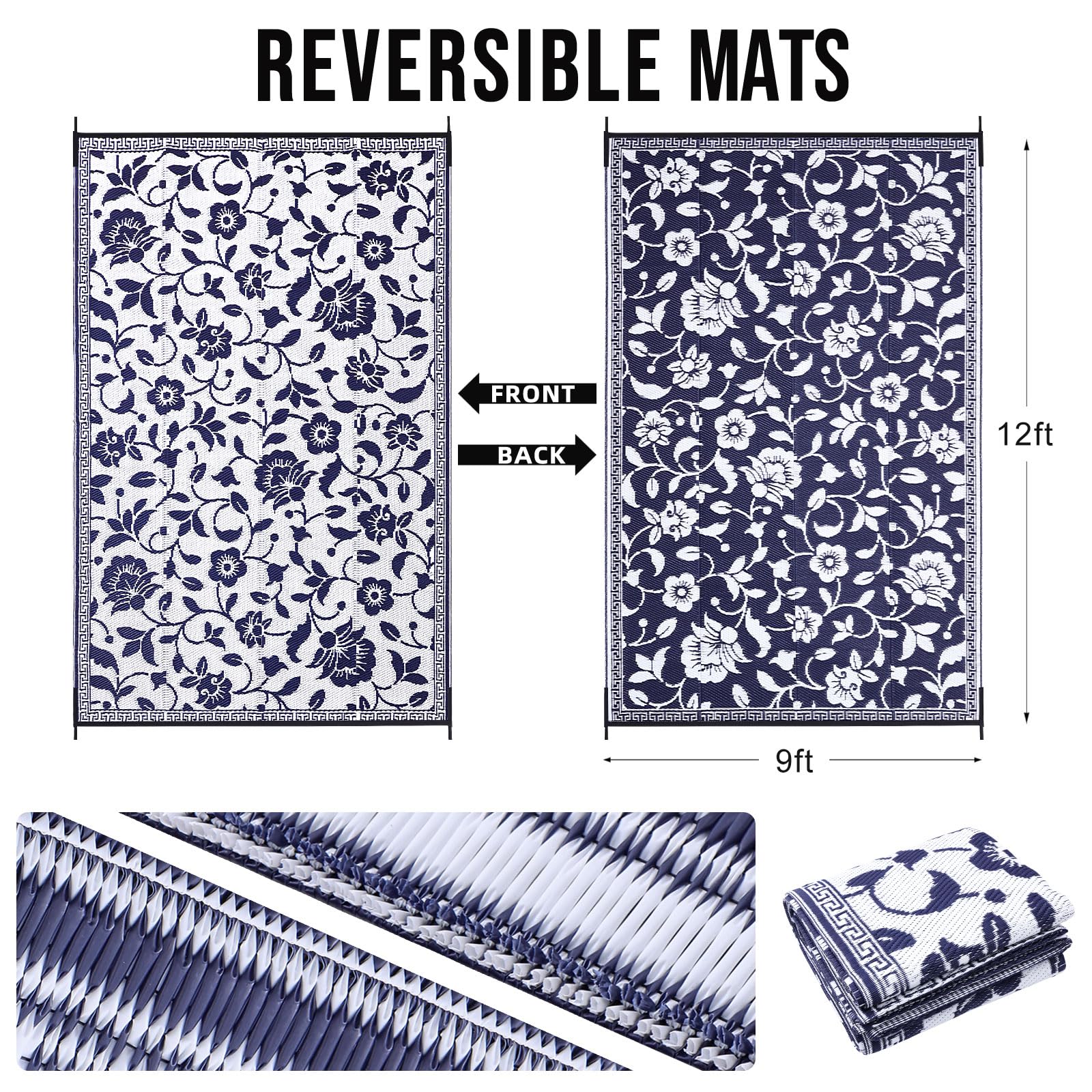 OLANLY Waterproof Outdoor Rug 5x8 ft, Outdoor Plastic Straw Rug with Flower Pattern, Reversible RV Mat for Patio, Camping, Balcony, Deck, Backyard, Navy & White