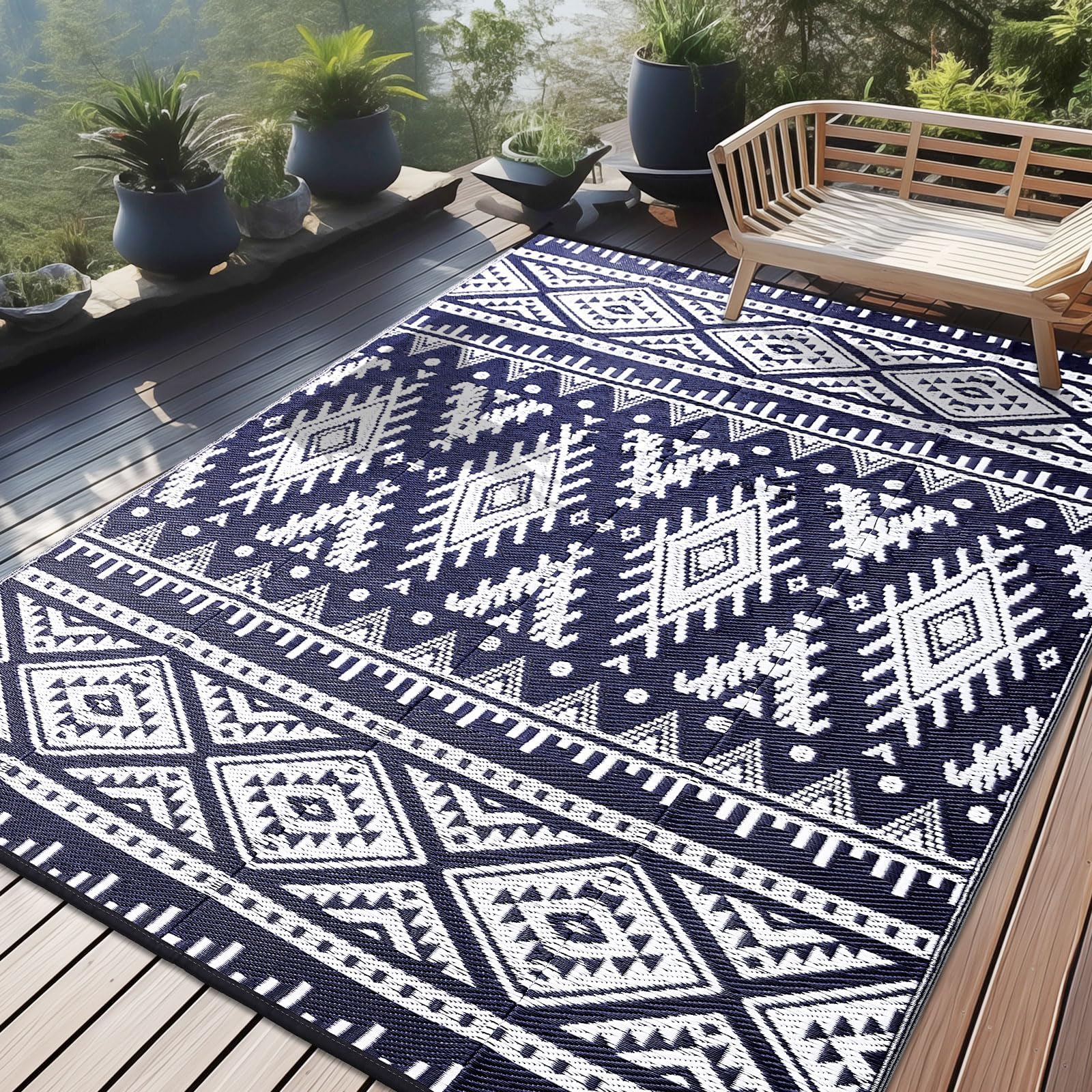 OLANLY Outdoor Rug Waterproof 5x8 ft, Reversible Outdoor Plastic Straw Rug, Boho Patio Rug, Indoor Outdoor Carpet, RV Mat Outside for Patio, Camp, Picnic, Balcony, Deck, Backyard, Black & White