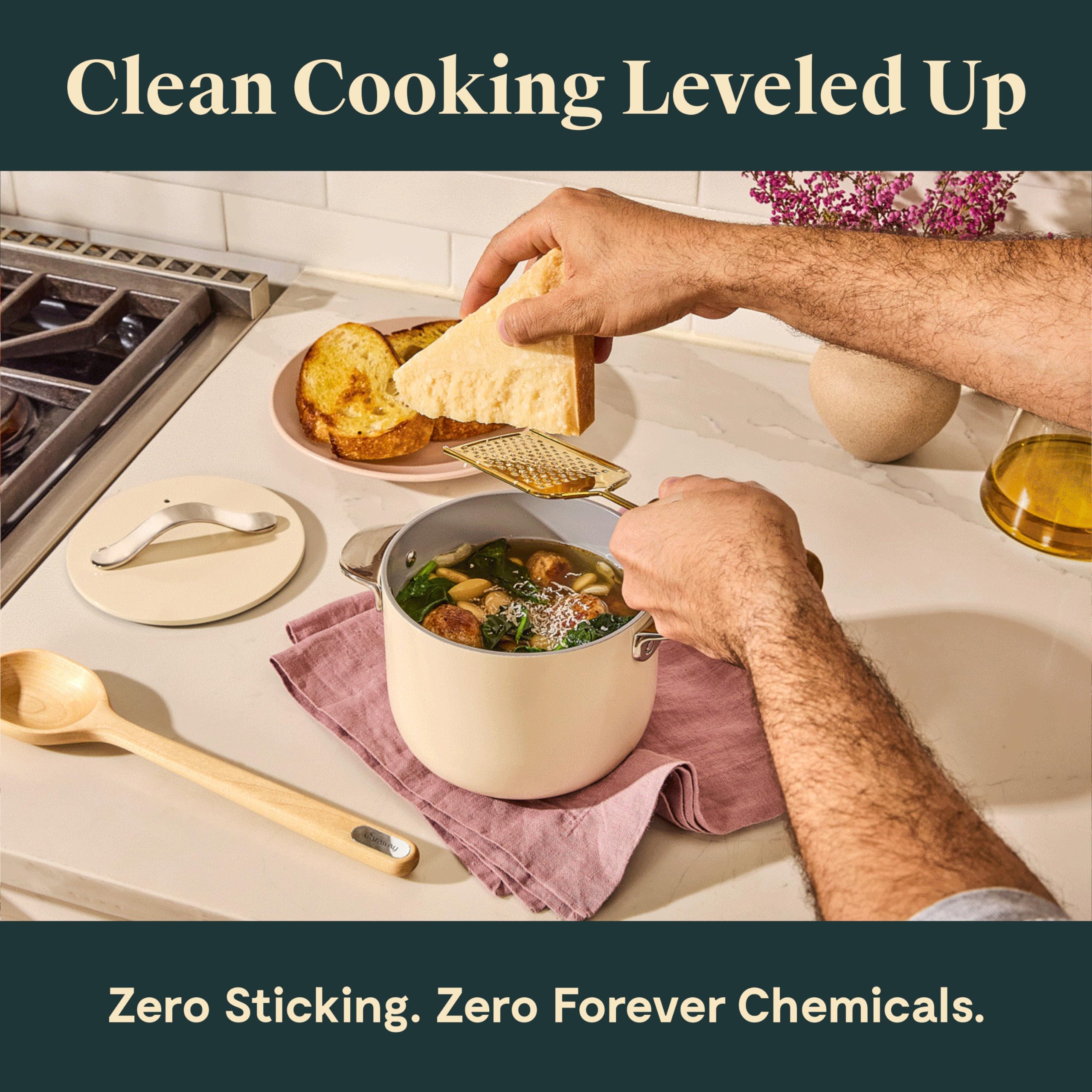 Caraway Petite Cooker - 2 Qt Ceramic Coated Pot - Free From Forever Chemicals - Perfect for Rice, Grains, or Sauces - Cream