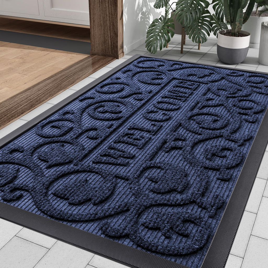 Smiry Front Door Mat Outside Entrance, Heavy Duty Sturdy Natural Rubber Doormat, Trap Dirt and Moisture, Easy Clean Low Profile Mats for Indoor Outdoor Entry, Irregular Triangle (29.5x17, Black)