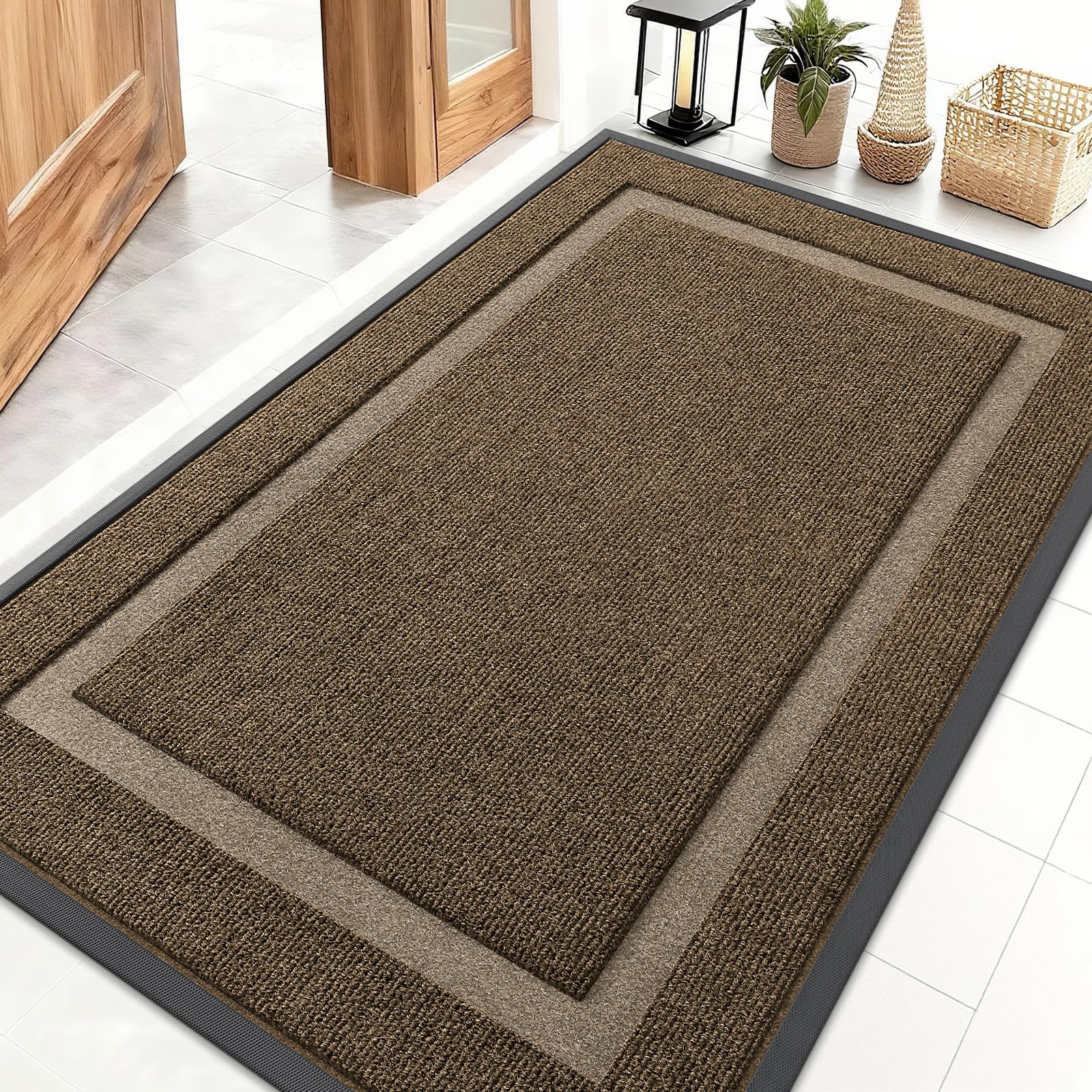 OLANLY Front Door Mat Indoor Outdoor Entrance, Waterproof All-Season, All-Weather Doormat, Sturdy Natural Rubber, Fade Resistant, Low Profile, Easy Clean Patio Porch Entryway Mat, 29.5x17, Black