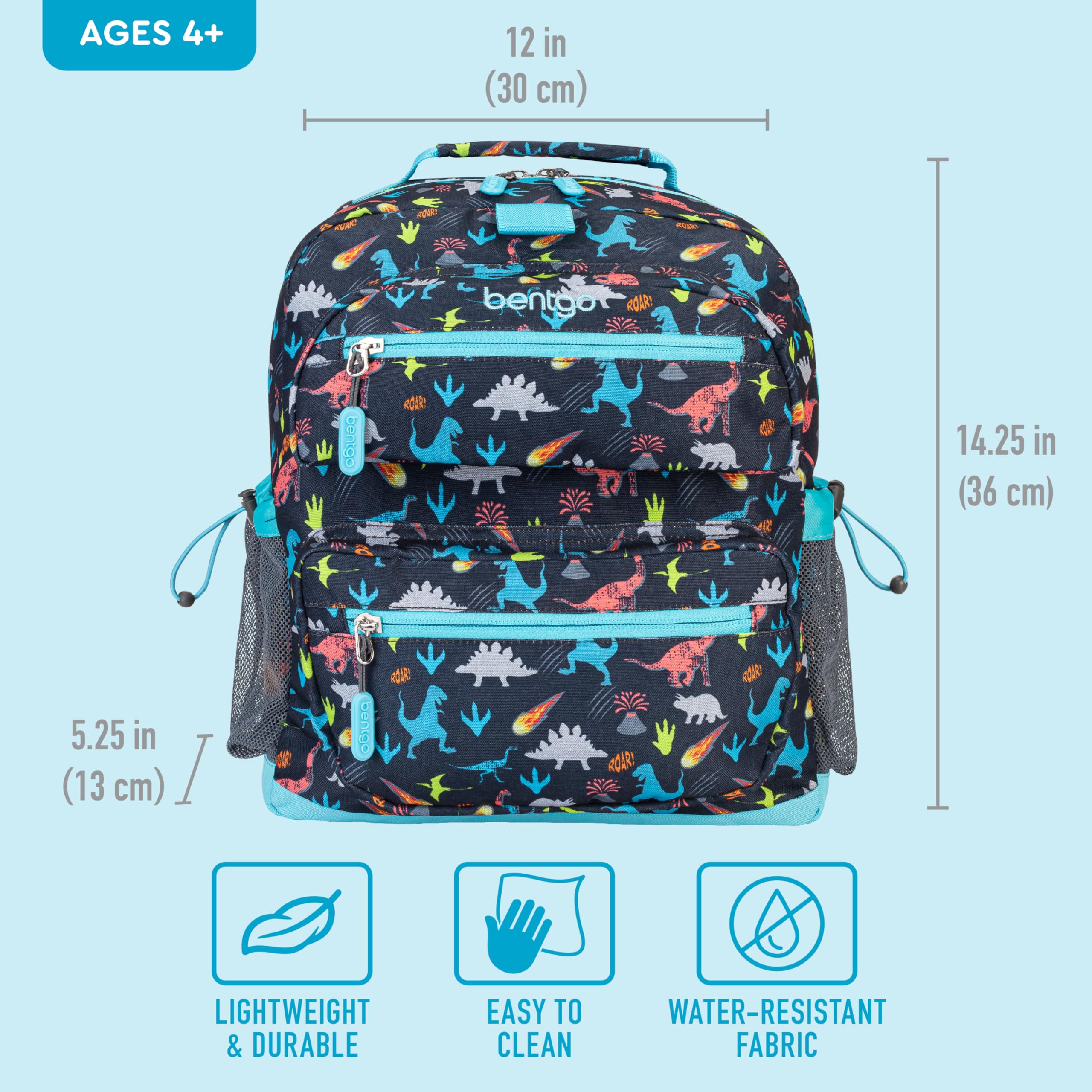 Bentgo Kids Backpack - Lightweight 14” Backpack in Fun Prints for School, Travel, & Daycare, Ideal for Ages 4+, Roomy Interior, Durable & Water-Resistant Fabric, & Loop for Lunch Bag (Trucks)