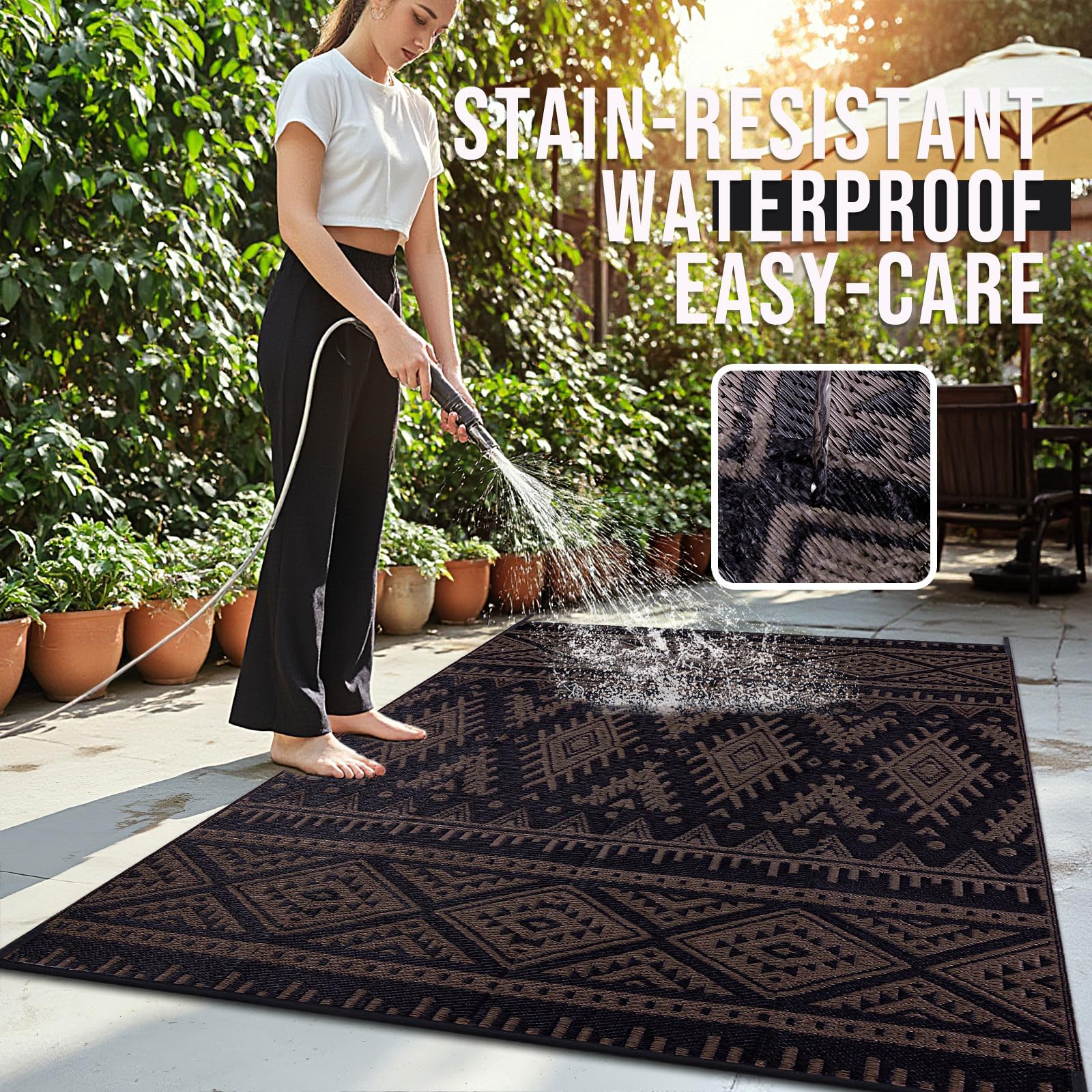 OLANLY Outdoor Rug Waterproof 5x8 ft, Reversible Outdoor Plastic Straw Rug, Boho Patio Rug, Indoor Outdoor Carpet, RV Mat Outside for Patio, Camp, Picnic, Balcony, Deck, Backyard, Black & White