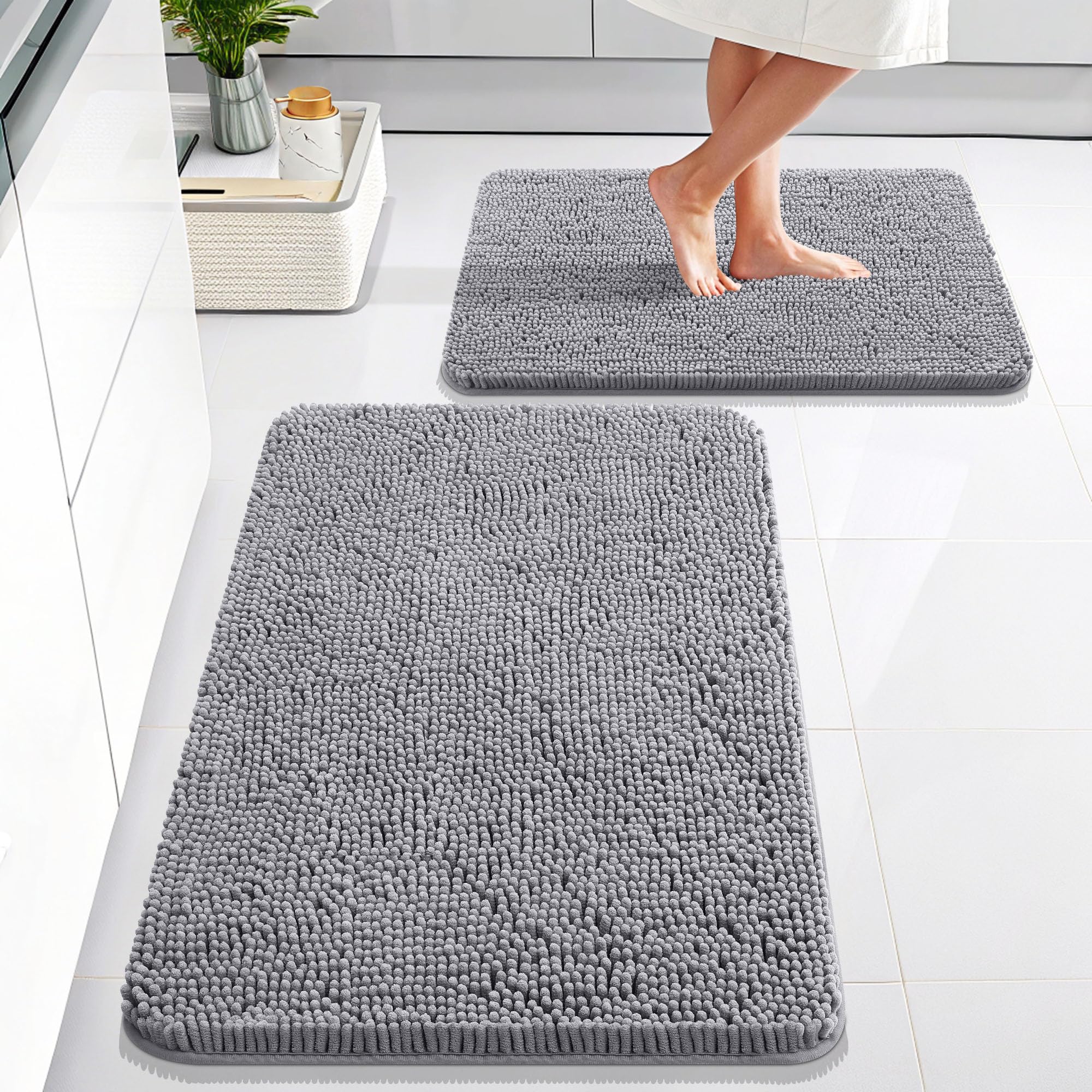 OLANLY Bathroom Rugs Sets 2 Piece, Soft Absorbent Chenille Bath Mats and U-Shaped Contour Toilet Mat Area Rug Set, Machine Washable Bath Carpet, Home Decor Accessories(30"x20"+24"x20", Grey)