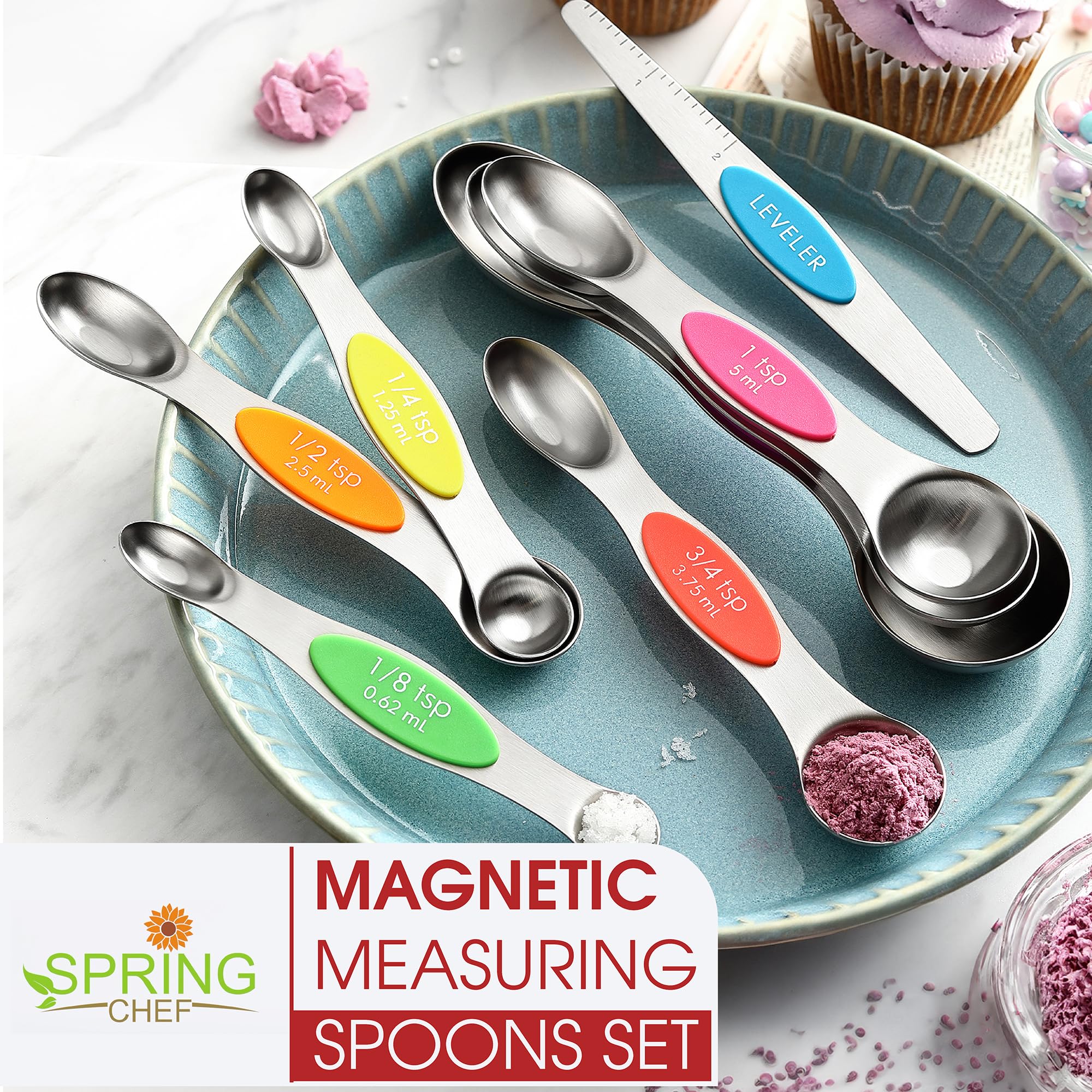 Spring Chef Stainless Steel Magnetic Measuring Spoons Set with Strong N45 Magnets, Heavy Duty Metal Kitchen Gadgets for Baking & Cooking, Fits in Most Kitchen Spice Jars, Set of 8 with Leveler, Black