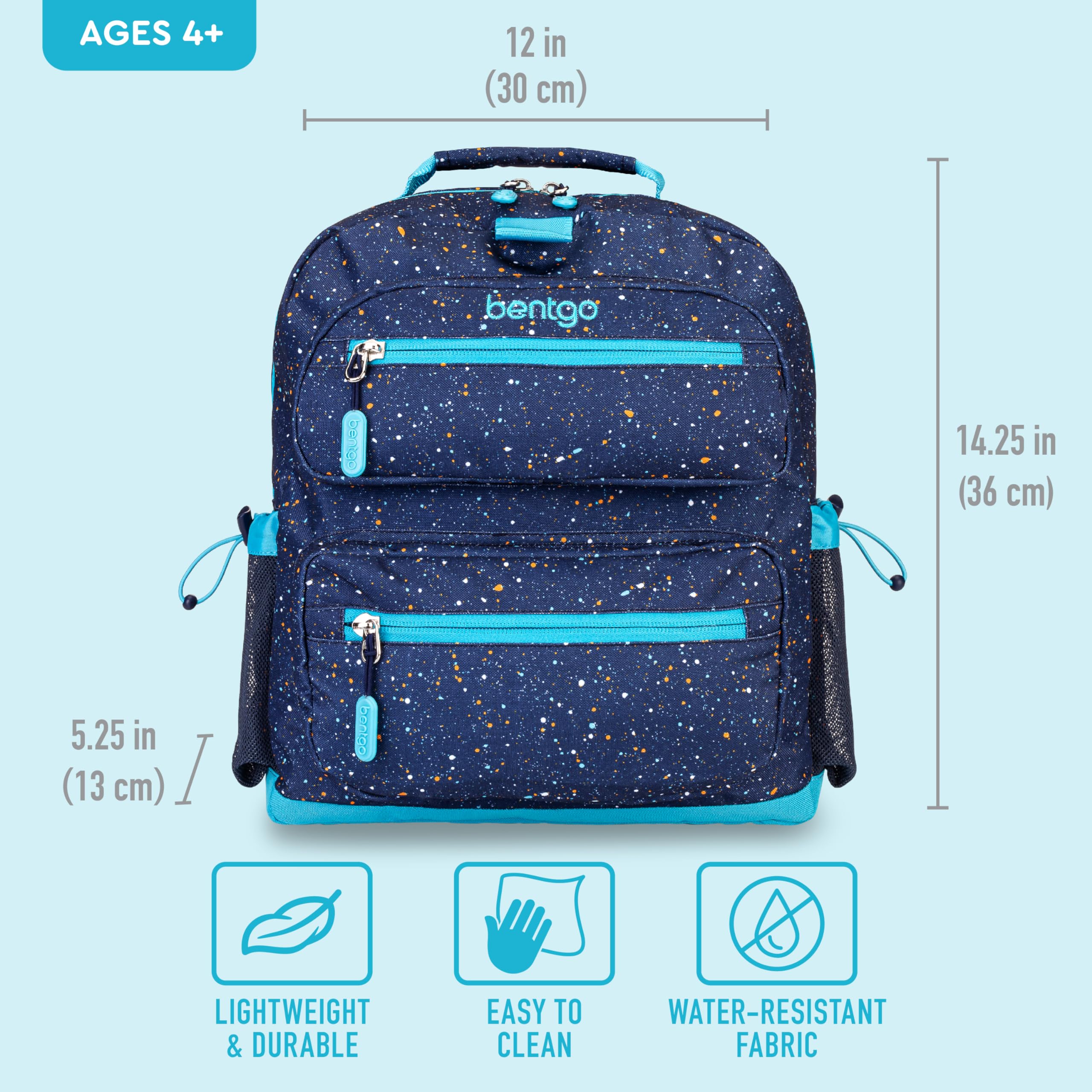 Bentgo Kids Backpack - Lightweight 14” Backpack in Fun Prints for School, Travel, & Daycare, Ideal for Ages 4+, Roomy Interior, Durable & Water-Resistant Fabric, & Loop for Lunch Bag (Trucks)