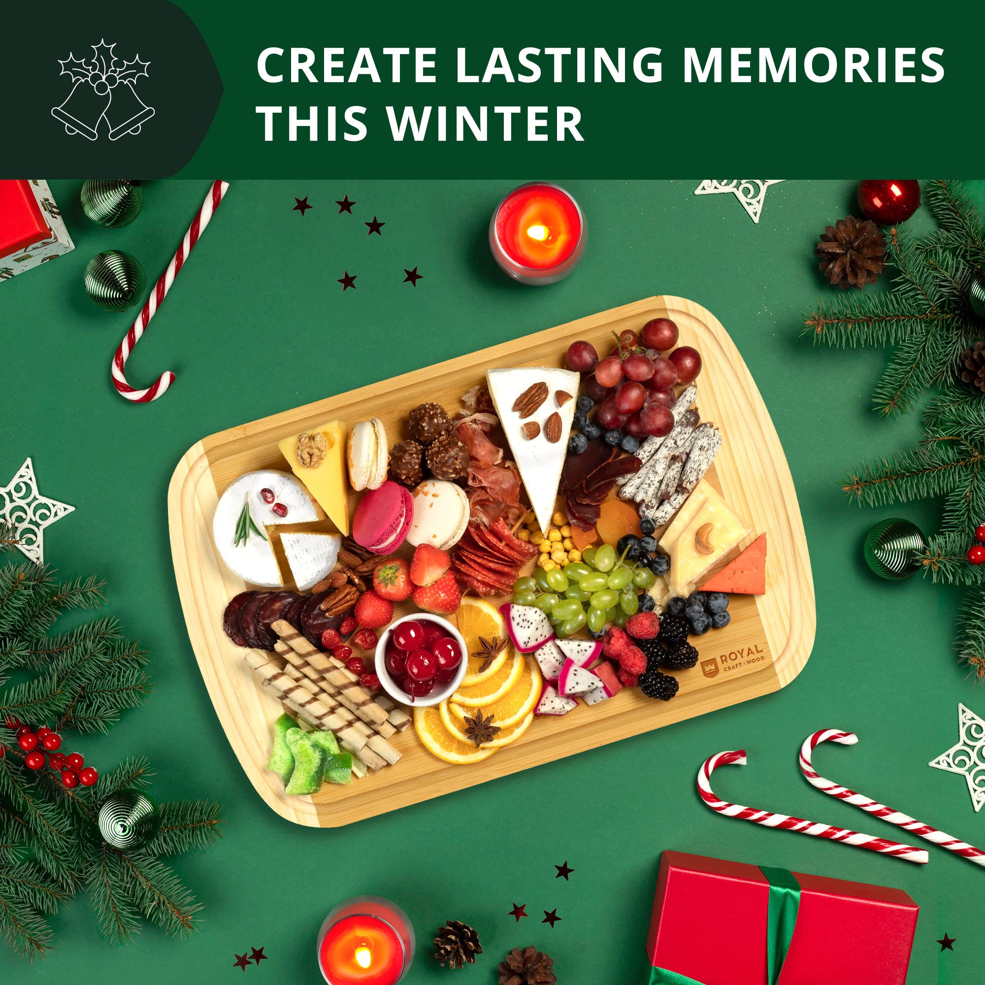 ROYAL CRAFT WOOD Organic Bamboo Cutting Board with Juice Groove - Kitchen Chopping Board for Meat (Butcher Block) Cheese and Vegetables
