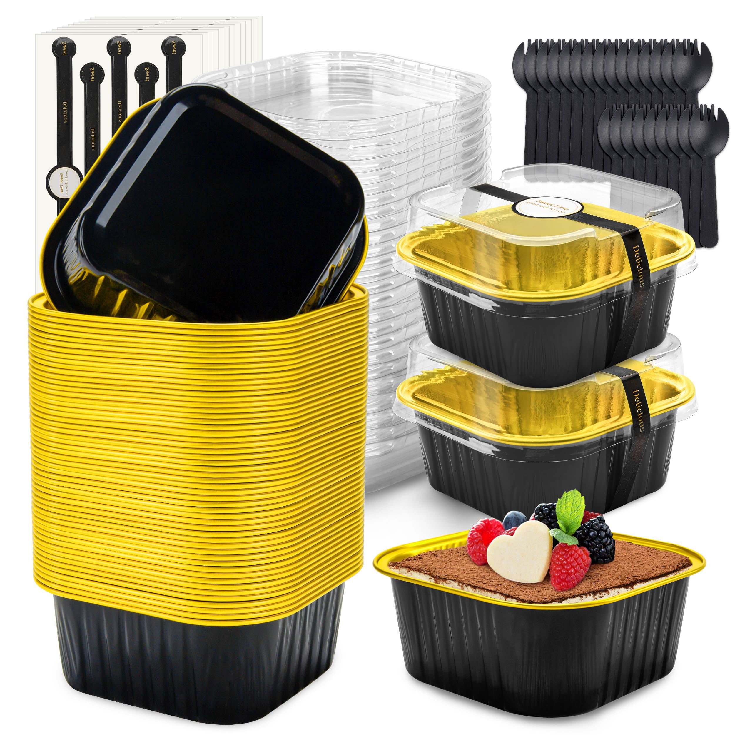 60 Pack Mini Cake Pans with Lids Mini Aluminum Pans, Disposable Loaf Pans Cupcake Liners with Lids for Pudding, Souffle, Party, Wedding(Pink, 5 oz)