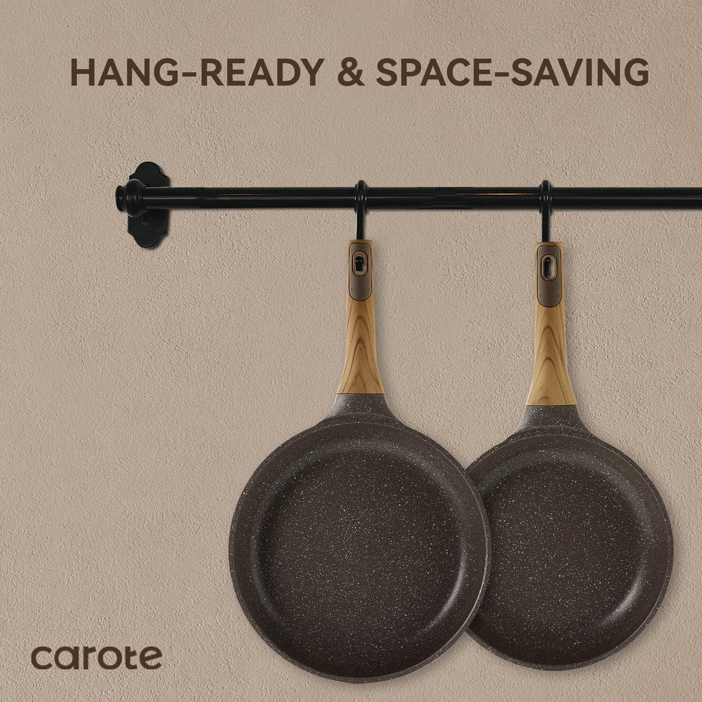 CAROTE Non Stick Frying Pan Skillet Set, Omelet Pan, Healthy Non Toxic Granite Chef Pan, Induction Compatible Egg Frying Pan with Heat-Resistant Handle, PFOA-Free,Black, 8"+10"+12"