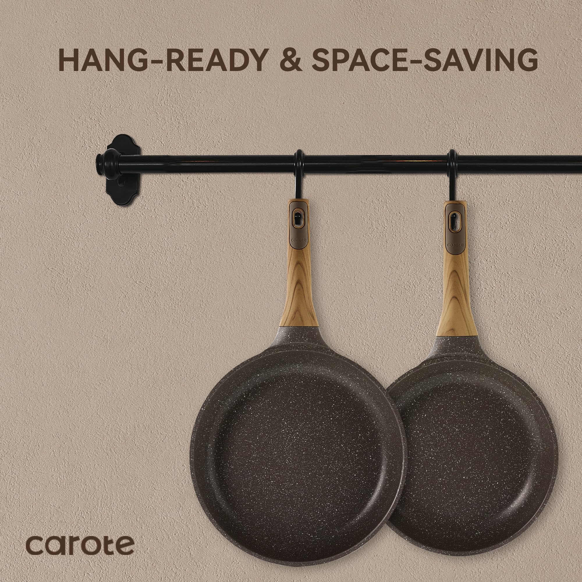 CAROTE Non Stick Frying Pan Skillet Set, Omelet Pan, Healthy Non Toxic Granite Chef Pan, Induction Compatible Egg Frying Pan with Heat-Resistant Handle, PFOA-Free,Black, 8"+10"+12"