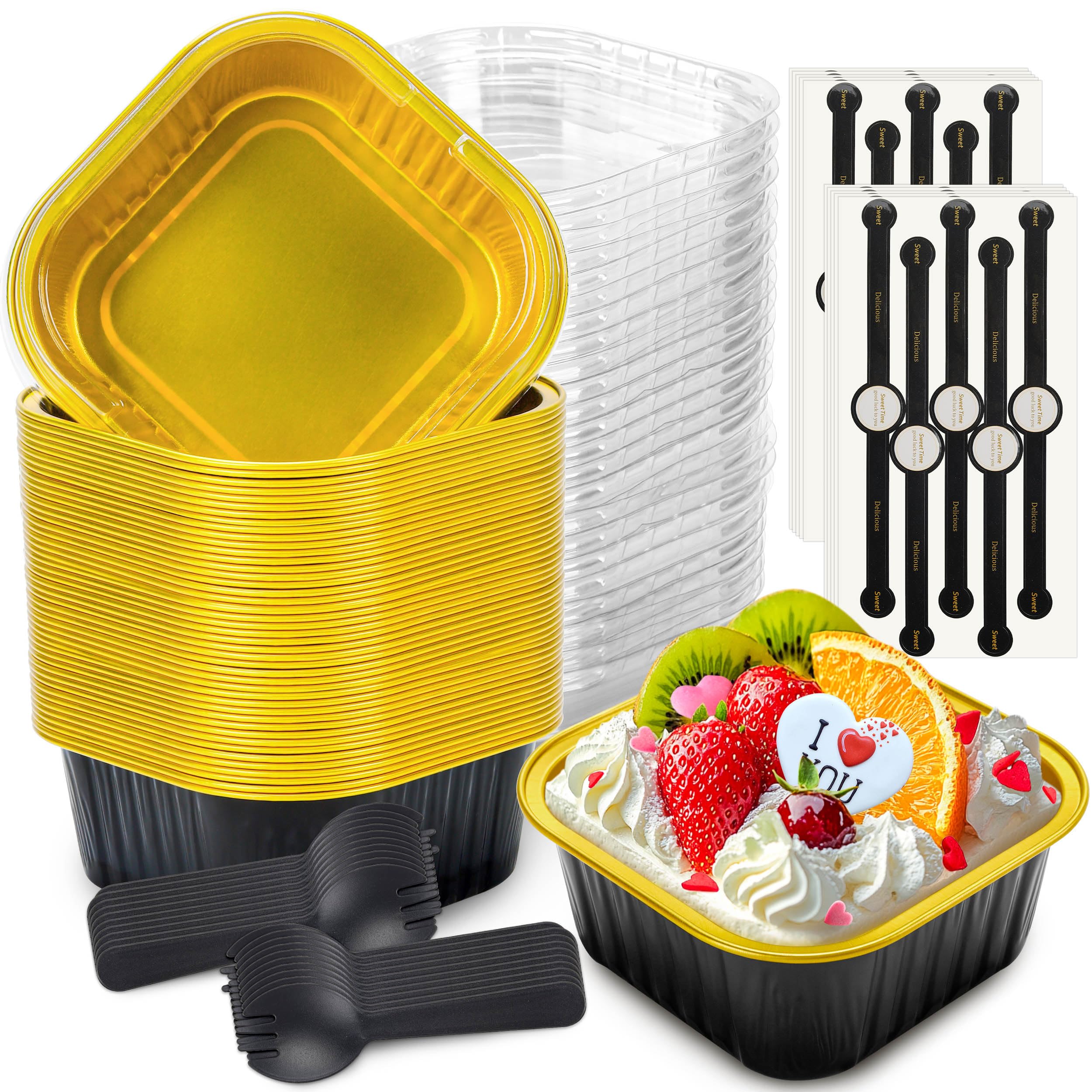 60 Pack Mini Cake Pans with Lids Mini Aluminum Pans, Disposable Loaf Pans Cupcake Liners with Lids for Pudding, Souffle, Party, Wedding(Pink, 5 oz)