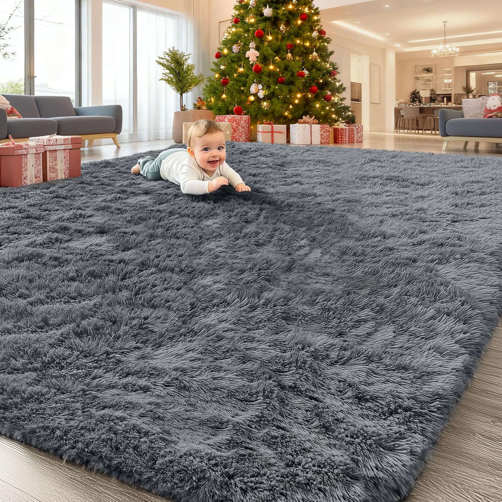 OLANLY Area Rugs for Living Room Bedroom, Machine Washable 4x5.9 ft Soft Fluffy Shaggy Bedside Rug, Indoor Floor Carpet for Kids Girls and Boys, Dorms, Nursery Rooms, Home Decor Aesthetic, Grey