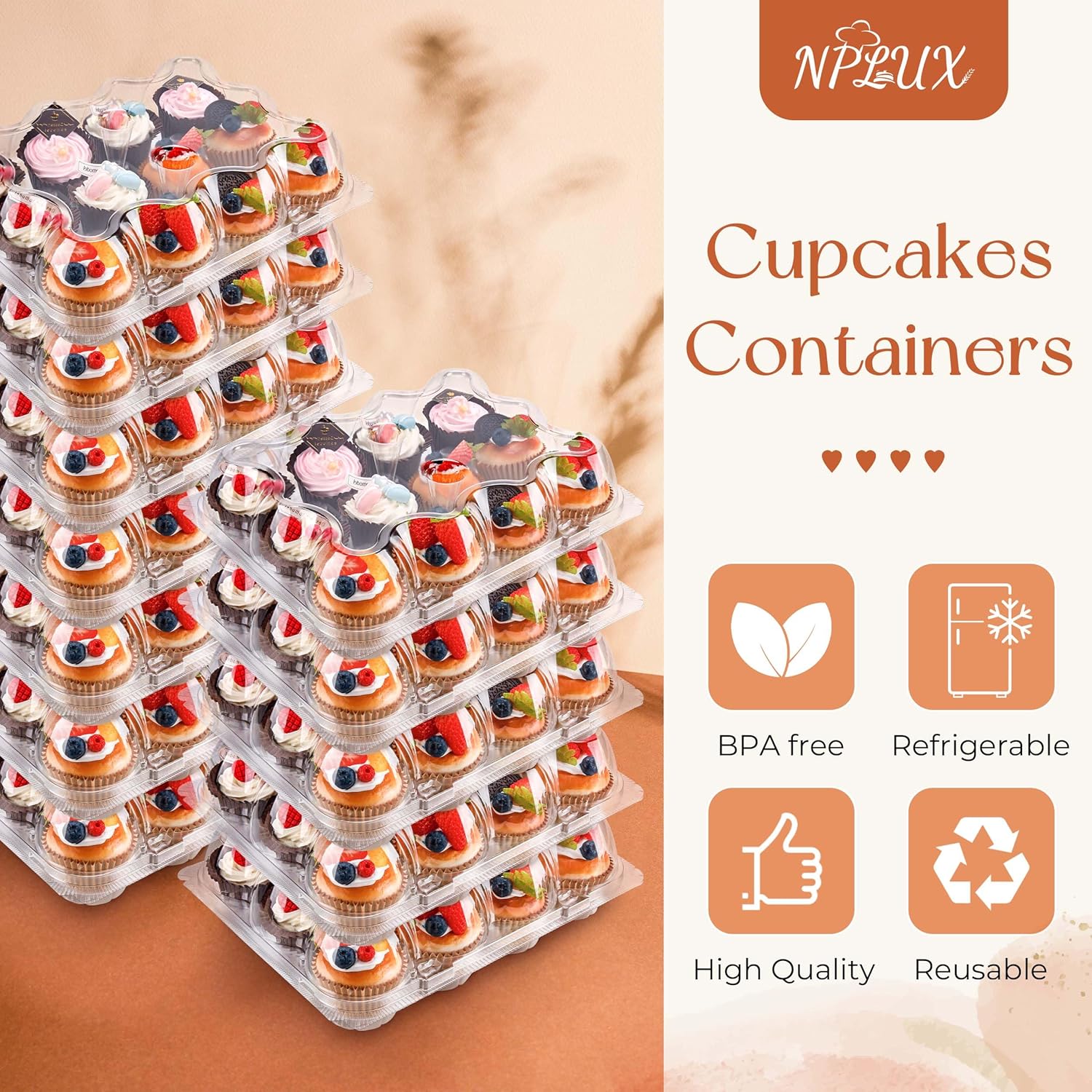12 Count Cupcake Containers 12 Pack Cupcake Holders with Detachable Tall Dome Lids Clear Plastic Stackable Cupcake Boxes for 144 Cupcakes, BPA Free, Standard Size