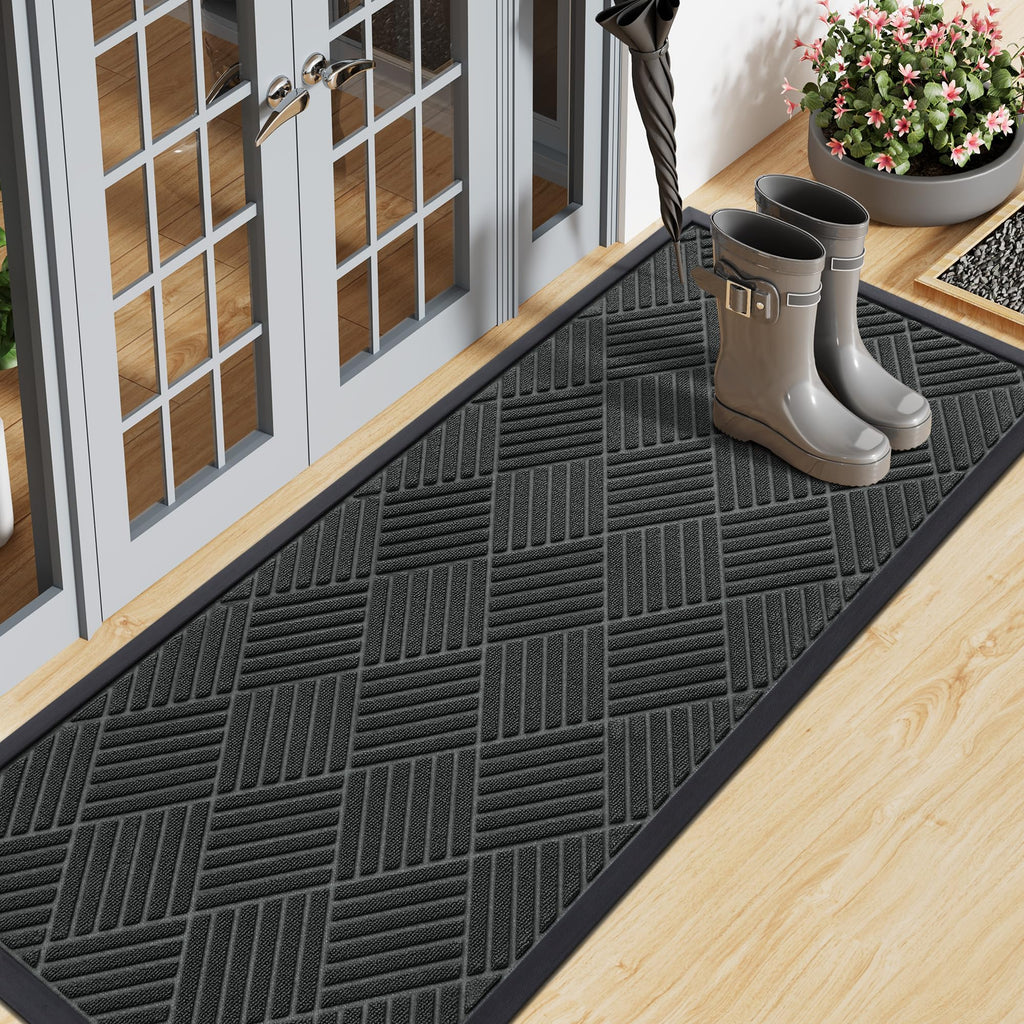 Smiry Front Door Mat Outside Entrance, Heavy Duty Outdoor Indoor Natural Rubber Doormat, Non Slip, Trap Dirt and Moisture, Easy Clean, Low Profile Patio Porch Entryway Mat, 29.5x17, Grey