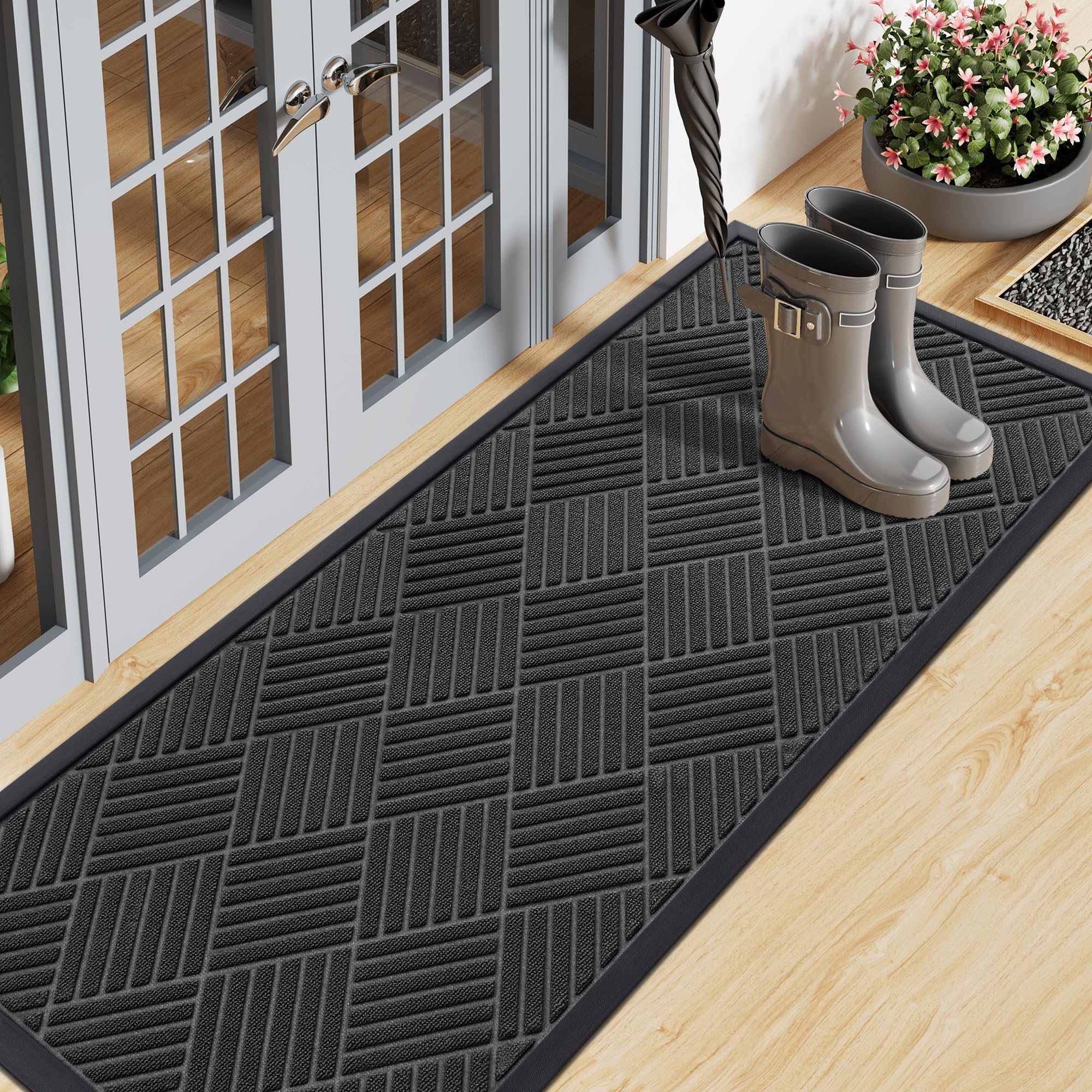 Smiry Front Door Mat Outside Entrance, Heavy Duty Outdoor Indoor Natural Rubber Doormat, Non Slip, Trap Dirt and Moisture, Easy Clean, Low Profile Patio Porch Entryway Mat, 29.5x17, Grey