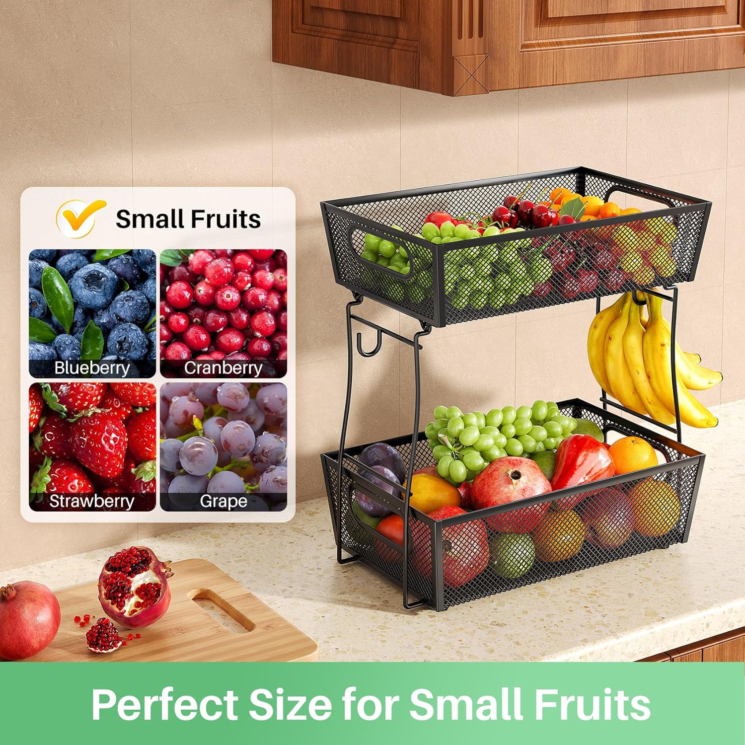 2 Tier Fruit Basket Bowl for Kitchen Counter with 2 Banana Hangers, Countertop Metal Mesh Basket Stand Fruit Holder for Veggies Onion Potato Bread Snack, Black