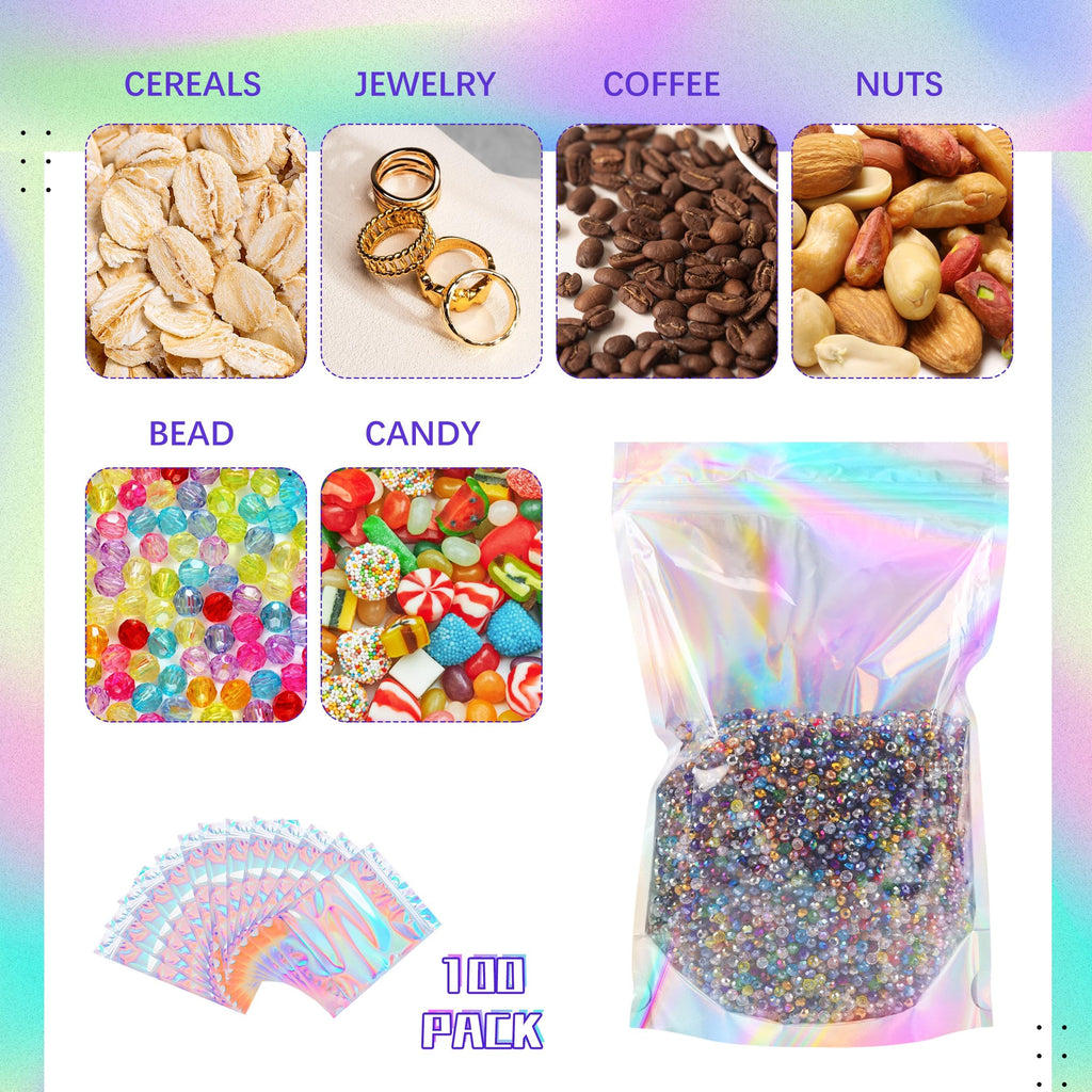 Holographic Mylar Bags Resealable Smell Proof Bags for lip gloss, Jewelry, Lash Candy and More - Small Business Packaging Supplies(100PACK, 3x9INCH)