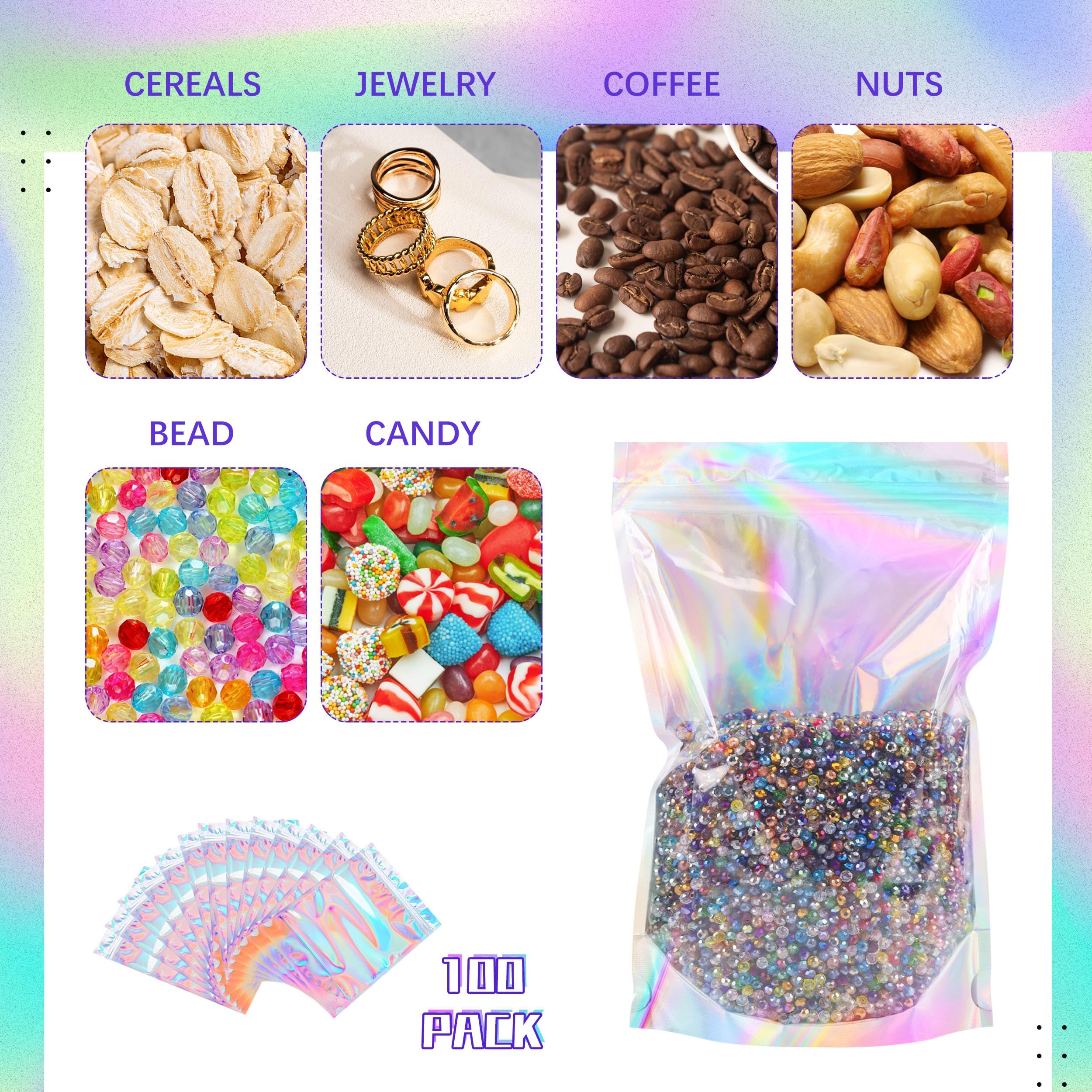 Holographic Mylar Bags Resealable Smell Proof Bags for lip gloss, Jewelry, Lash Candy and More - Small Business Packaging Supplies(100PACK, 3x9INCH)