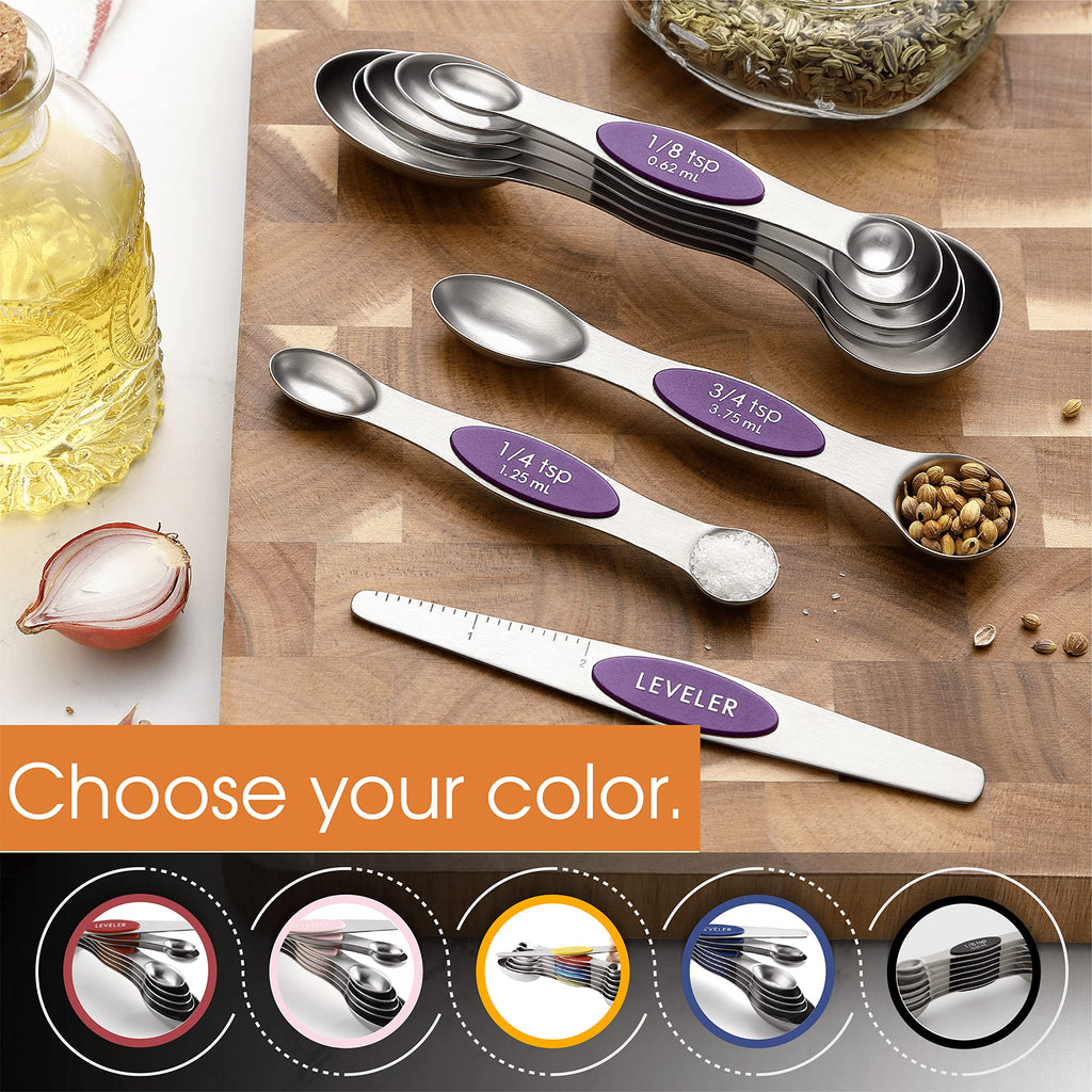 Spring Chef Stainless Steel Magnetic Measuring Spoons Set with Strong N45 Magnets, Heavy Duty Metal Kitchen Gadgets for Baking & Cooking, Fits in Most Kitchen Spice Jars, Set of 8 with Leveler, Black