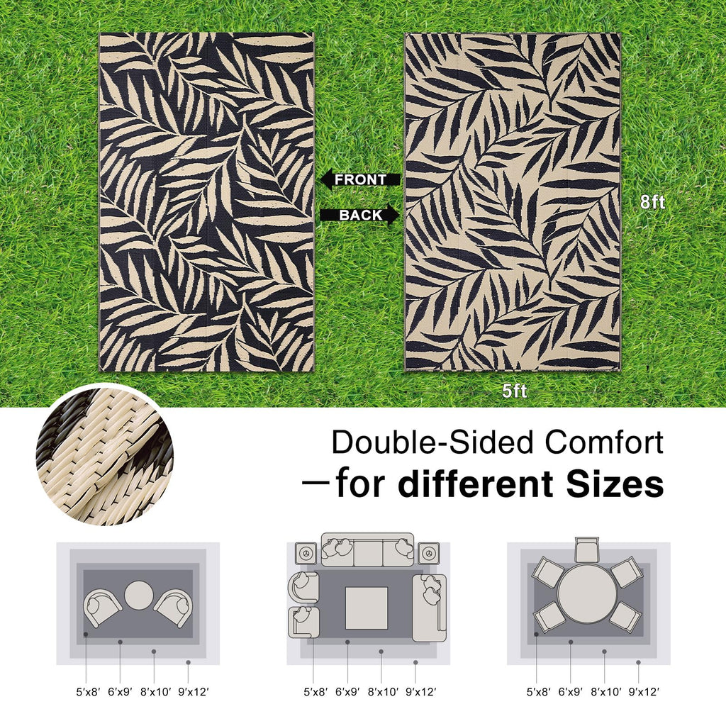 OLANLY Waterproof Outdoor Rug 5x8 ft, Reversible Outdoor Plastic Straw Rug with Leaf Pattern, RV Mat, Indoor Outdoor Carpet for Patio, Camping, Balcony, Deck, Backyard, Grey & White