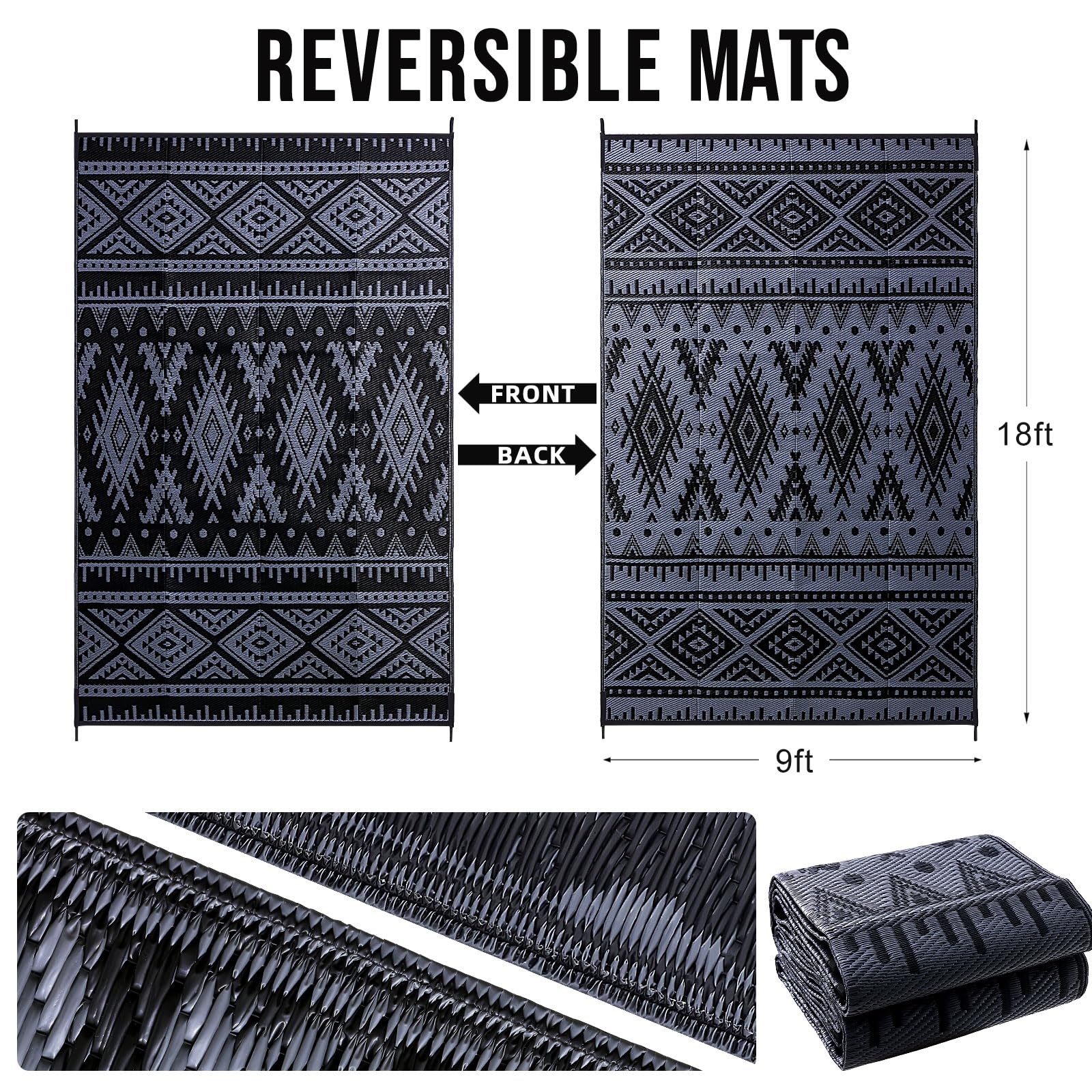 OLANLY Outdoor Rug Waterproof 5x8 ft, Reversible Outdoor Plastic Straw Rug, Boho Patio Rug, Indoor Outdoor Carpet, RV Mat Outside for Patio, Camp, Picnic, Balcony, Deck, Backyard, Black & White