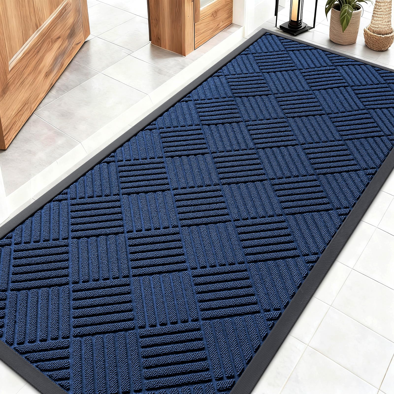 OLANLY Front Door Mat Outside Entrance 29.5x17, Absorbent, Heavy Duty Sturdy Natural Rubber Doormat Indoor Outdoor, Stain and Fade Resistant, Non-Slip Low Profile Floor Mat for Entryway, Grey Diamond