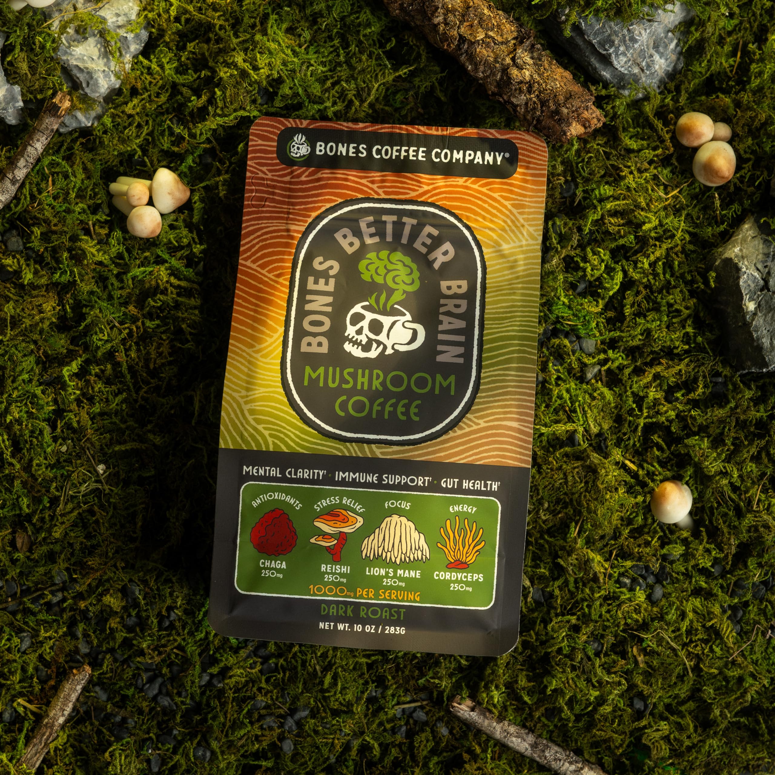Bones Coffee Company Better Brain Mushroom Coffee - Medium Roast Low Acid Arabica Beans - Ground or Whole Bean - Reishi, Chaga, Lion's Mane, Cordyceps Mushroom Blend - 10 Oz