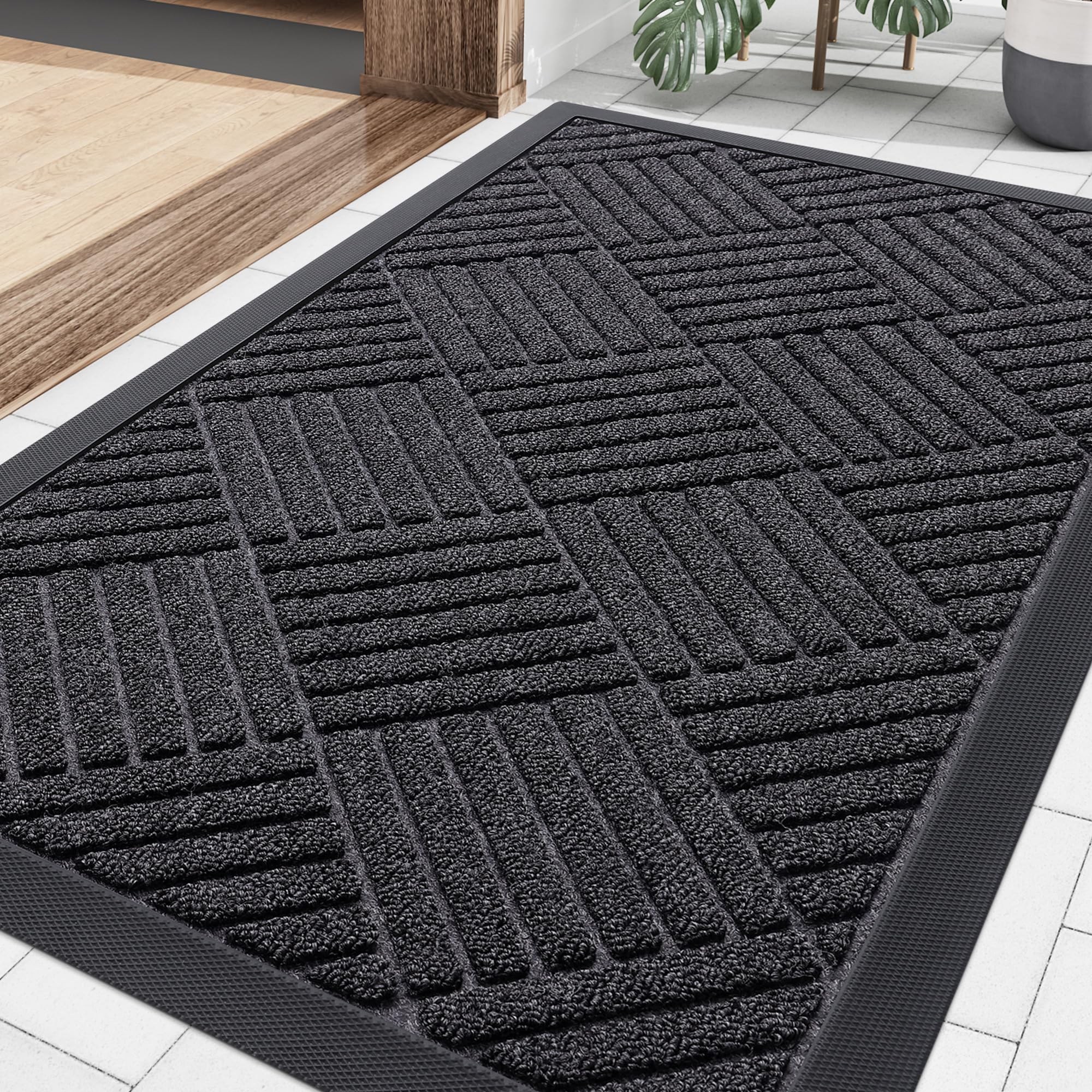 Smiry Front Door Mat Outside Entrance, Heavy Duty Outdoor Indoor Natural Rubber Doormat, Non Slip, Trap Dirt and Moisture, Easy Clean, Low Profile Patio Porch Entryway Mat, 29.5x17, Grey