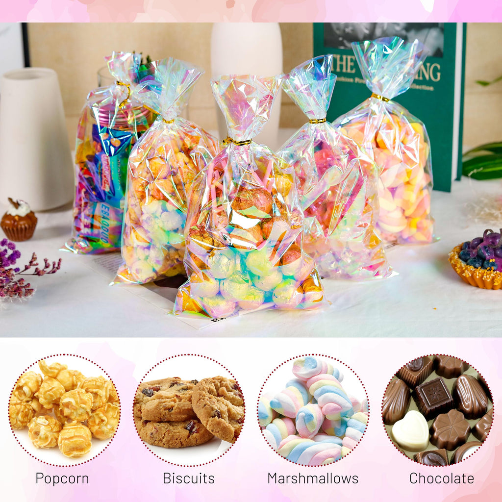 NPLUX Cellophane Treat Bags,Plastic Iridescent Party Favor Bags Clear Candy Bags with Twist Ties for Gift, Cookies, Snacks(100PACK, 6x10inch)