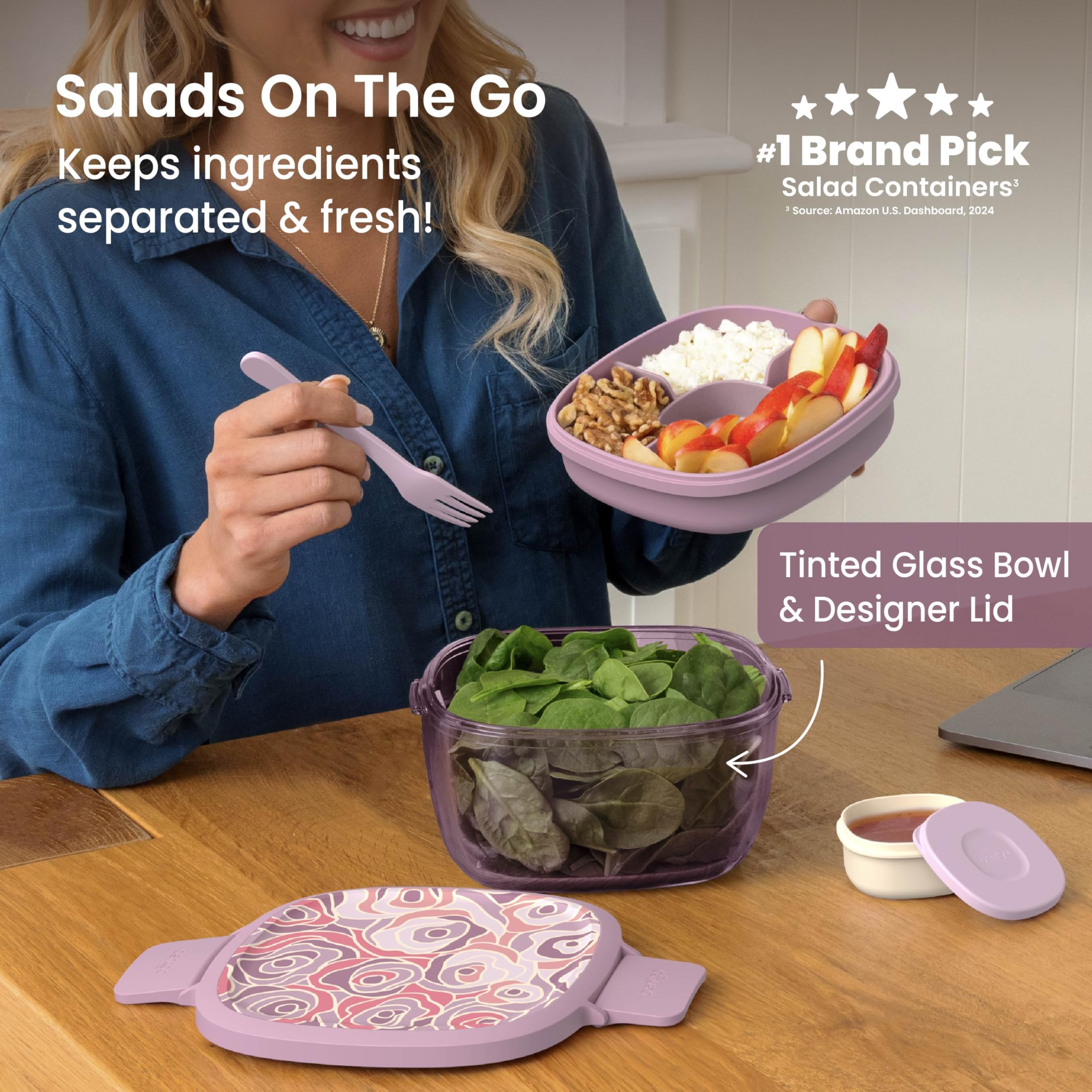 Bentgo Glass Salad Container - 7.6-Cup Salad Bowl with Airtight Lid, Leak-Proof Sauce Container, 4-Compartment Bento Tray & Reusable Fork - BPA-Free for Meal Prep, Office & More (Lavender)